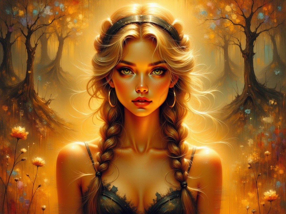 Young woman with braids in autumn forest setting