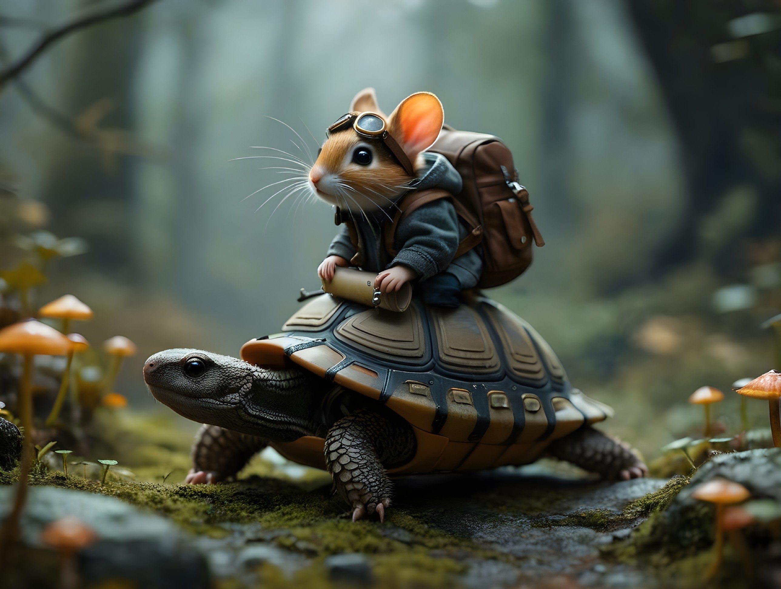 Mouse on Tortoise in Whimsical Forest Adventure Scene