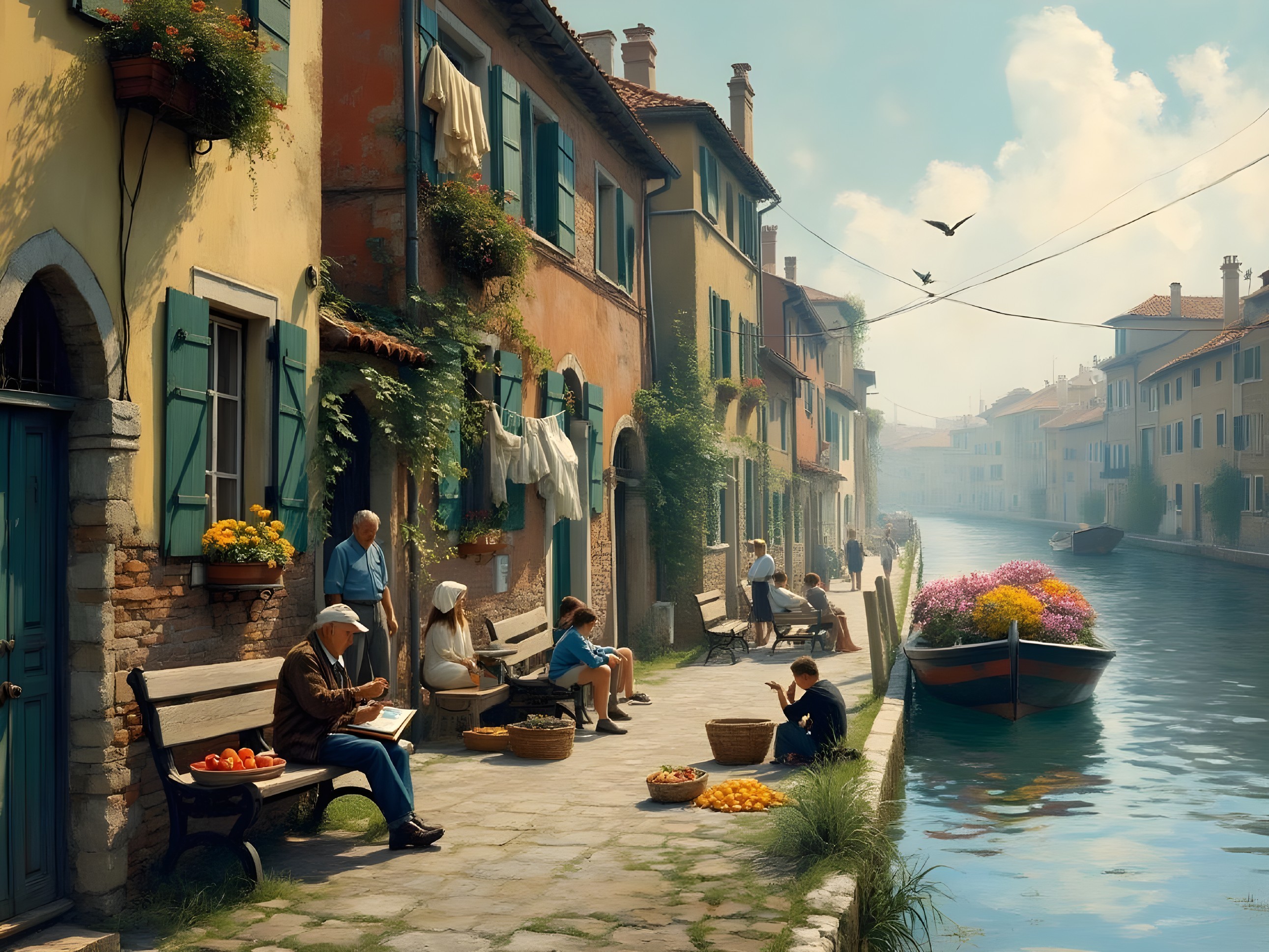 Charming Canal Scene with Colorful Houses and Activities