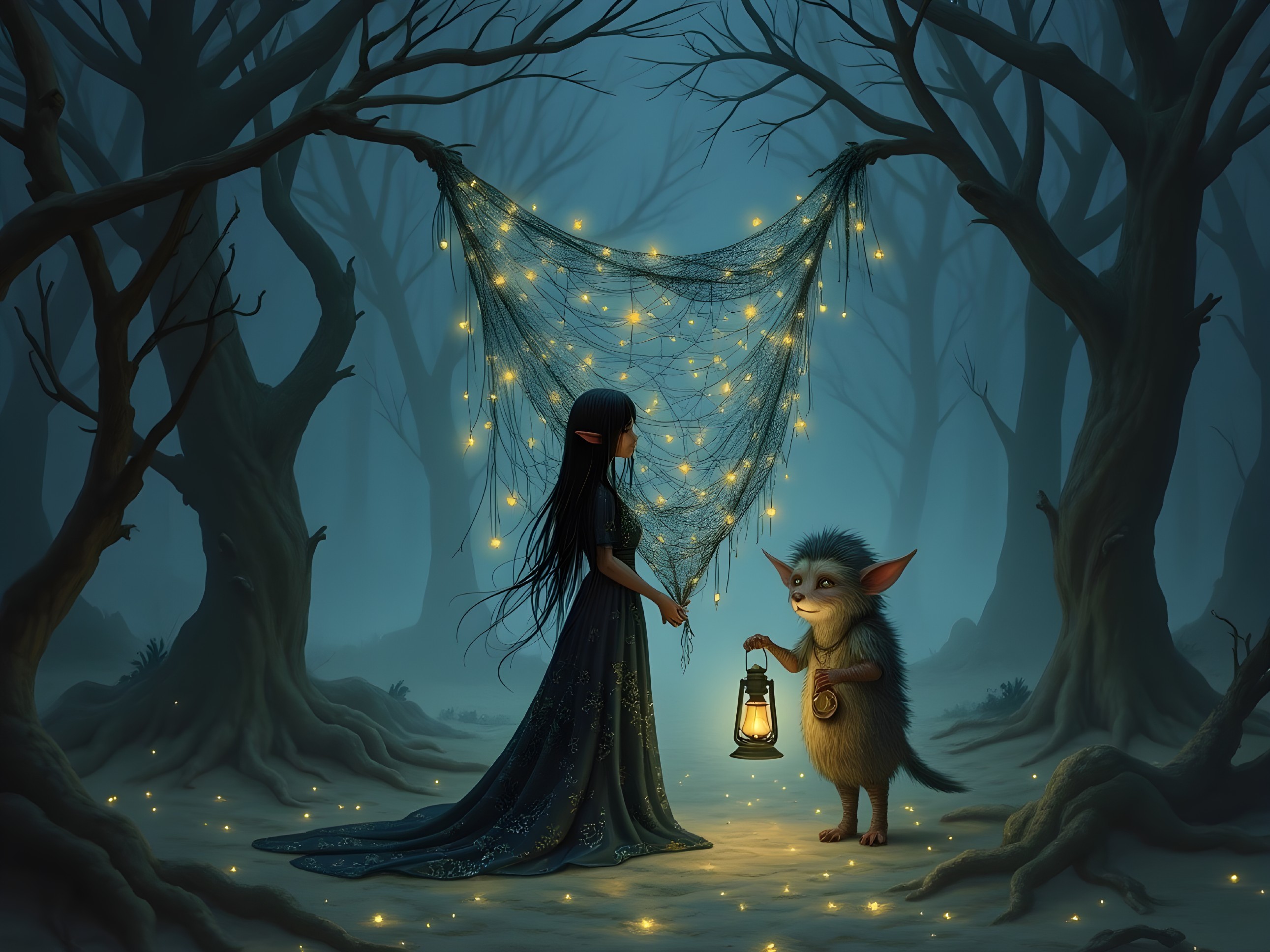 Cloaked figure in a mystical forest with glowing lights