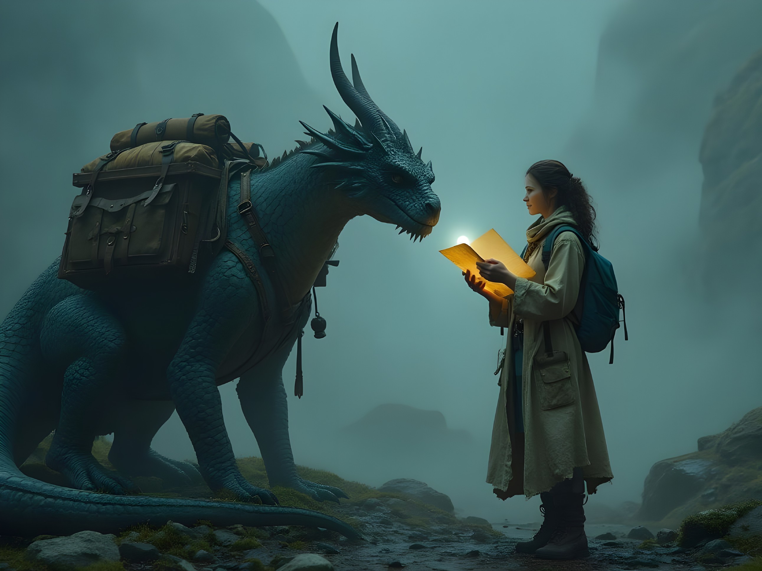 Young Woman with Blue Dragon in Mystical Landscape