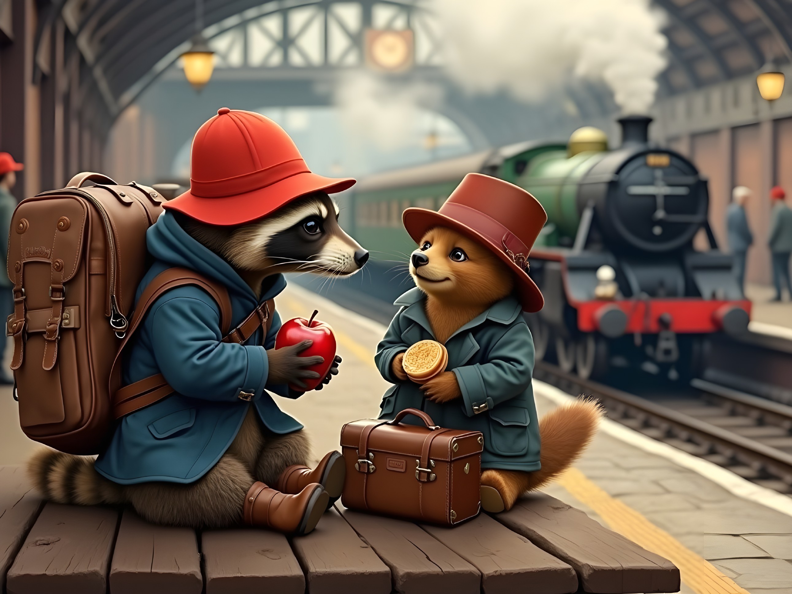 Vintage Train Station with Raccoon and Fox Characters