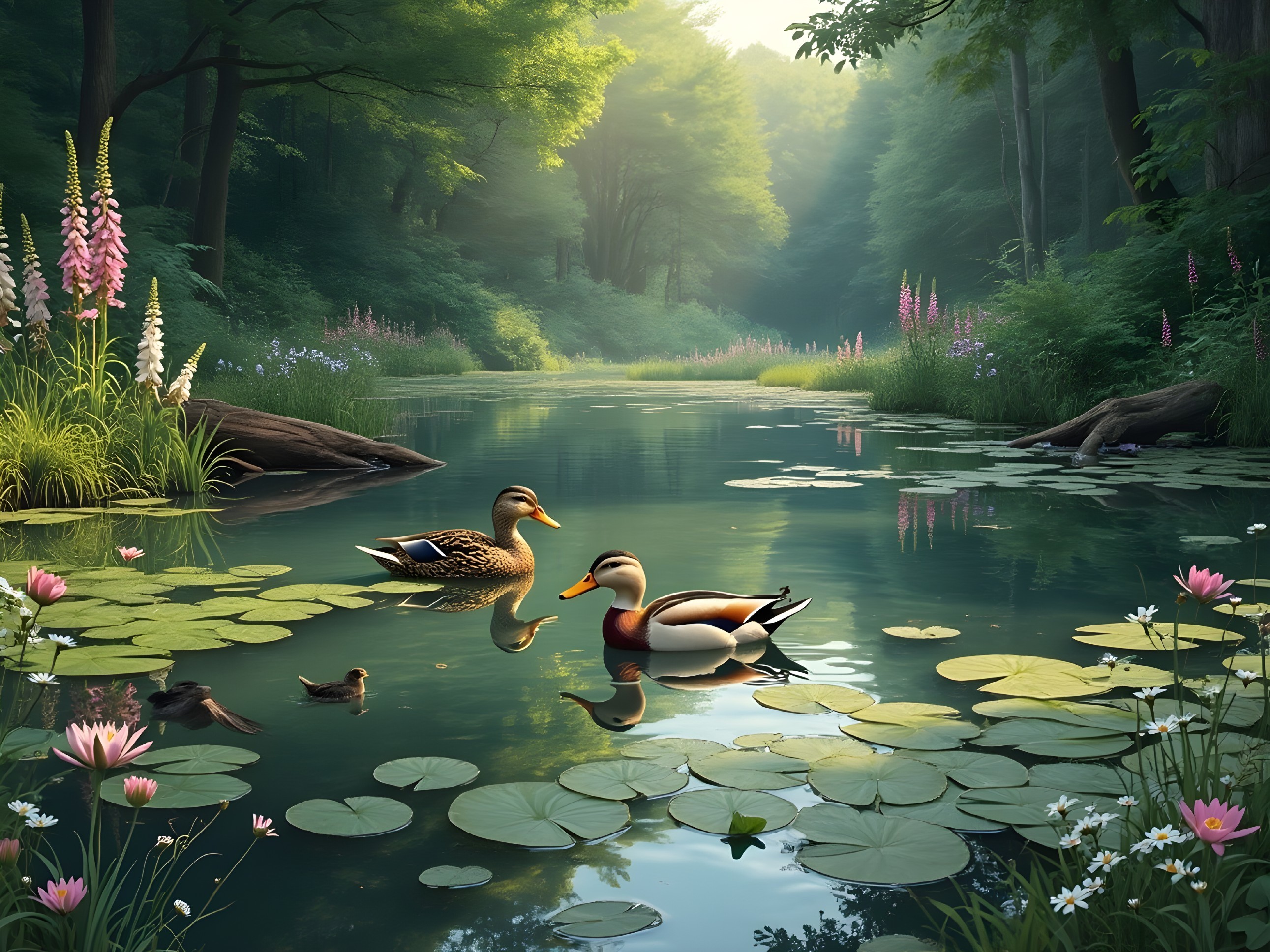 Tranquil Forest Pond with Ducks and Wildflowers