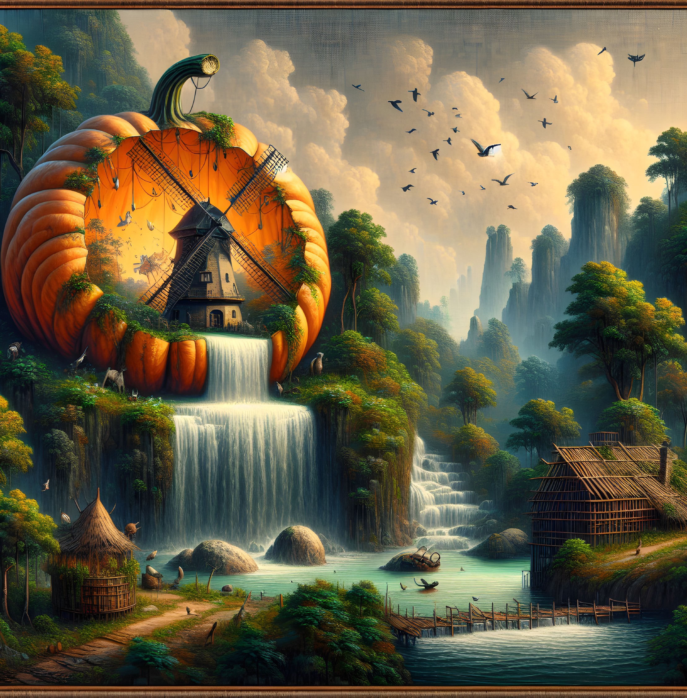 Whimsical Landscape with Pumpkin Haven and Waterfalls