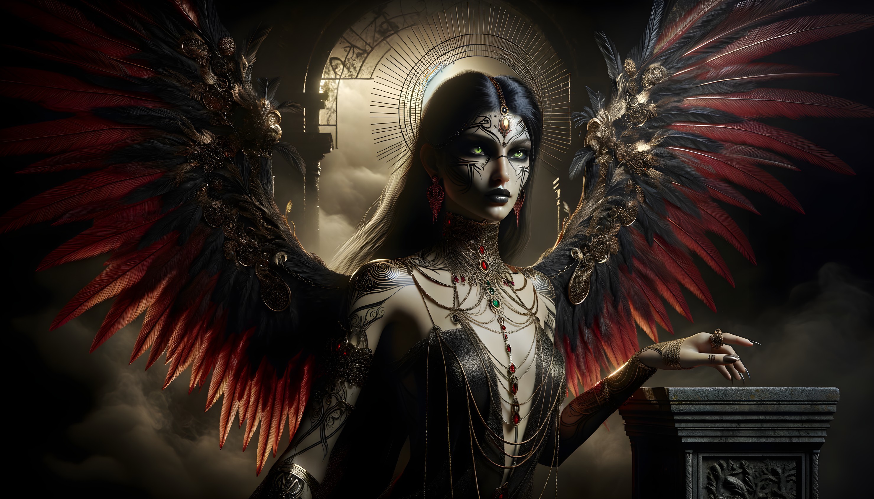 Figure with Dark Hair and Feathered Wings in Light