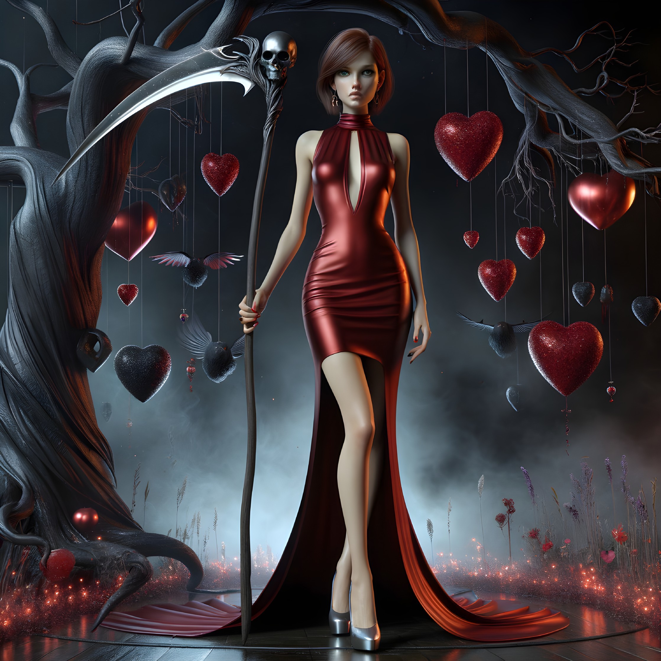 Enchanted Scene with Figure in Red Gown and Skull Staff