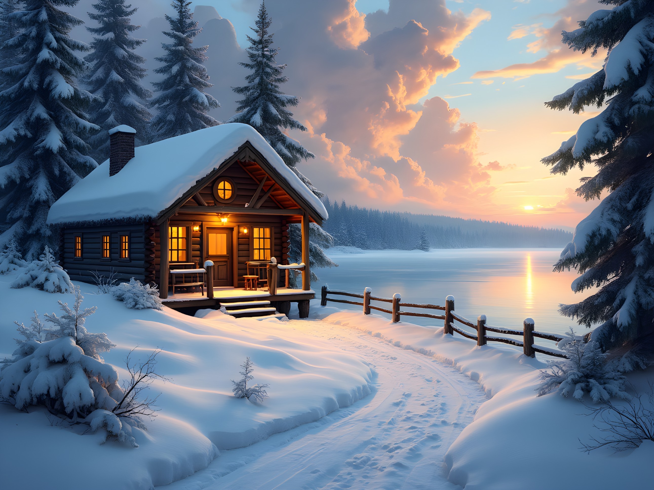 Cozy Cabin by Serene Lake in Winter Twilight
