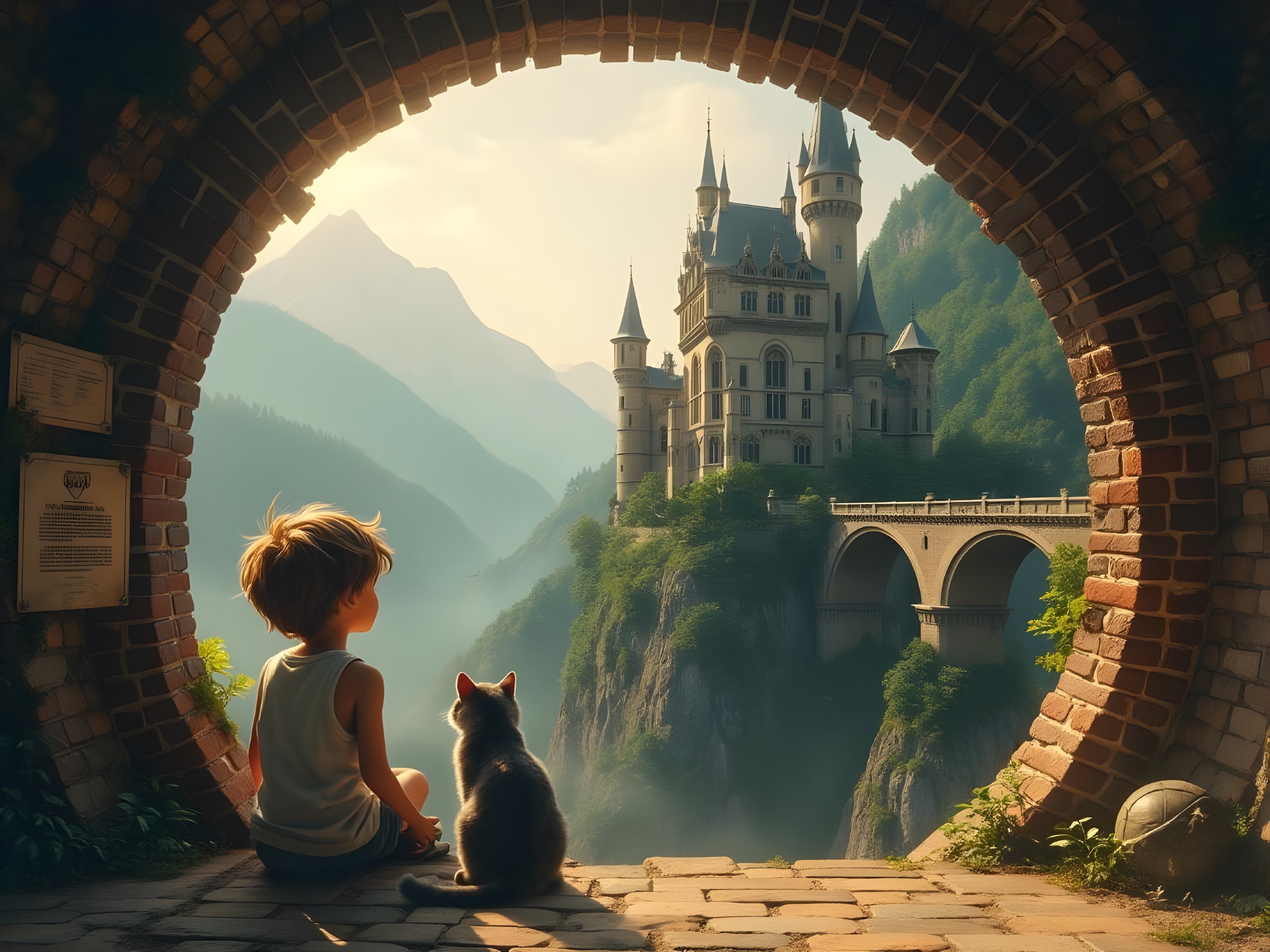 Young boy and cat view castle through stone archway
