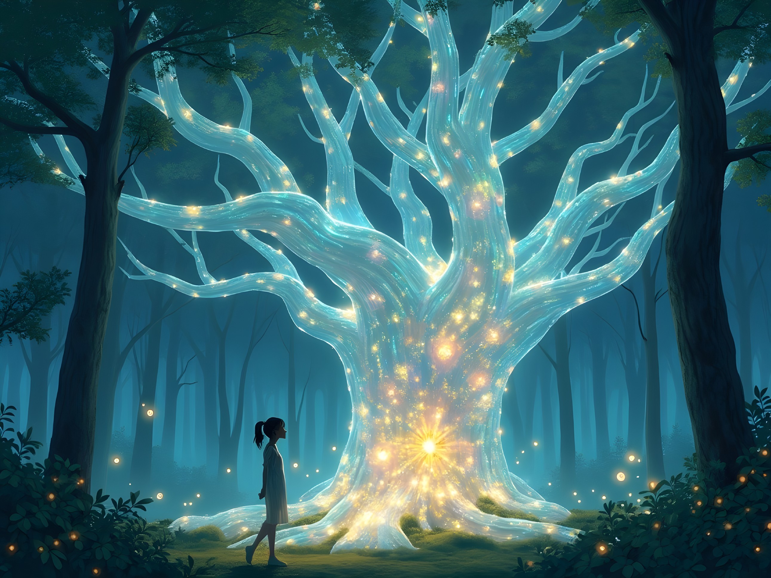 Young girl mesmerized by glowing tree in forest