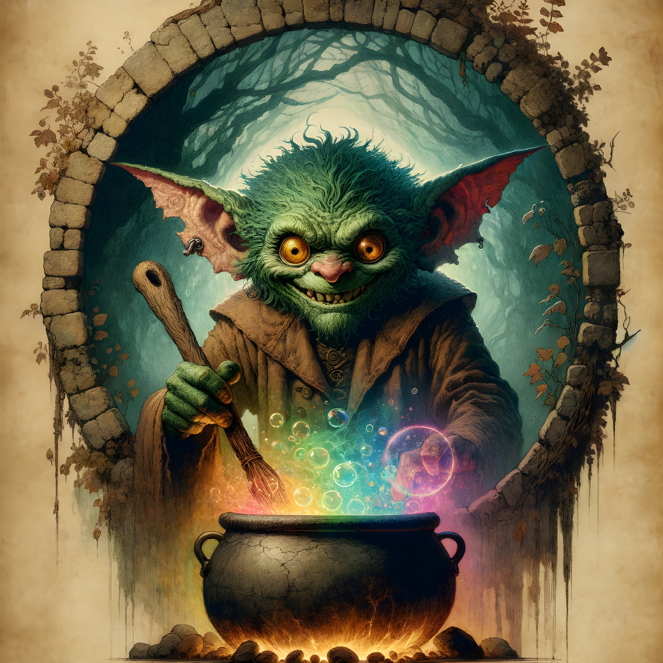 Whimsical creature in a mystical forest with cauldron