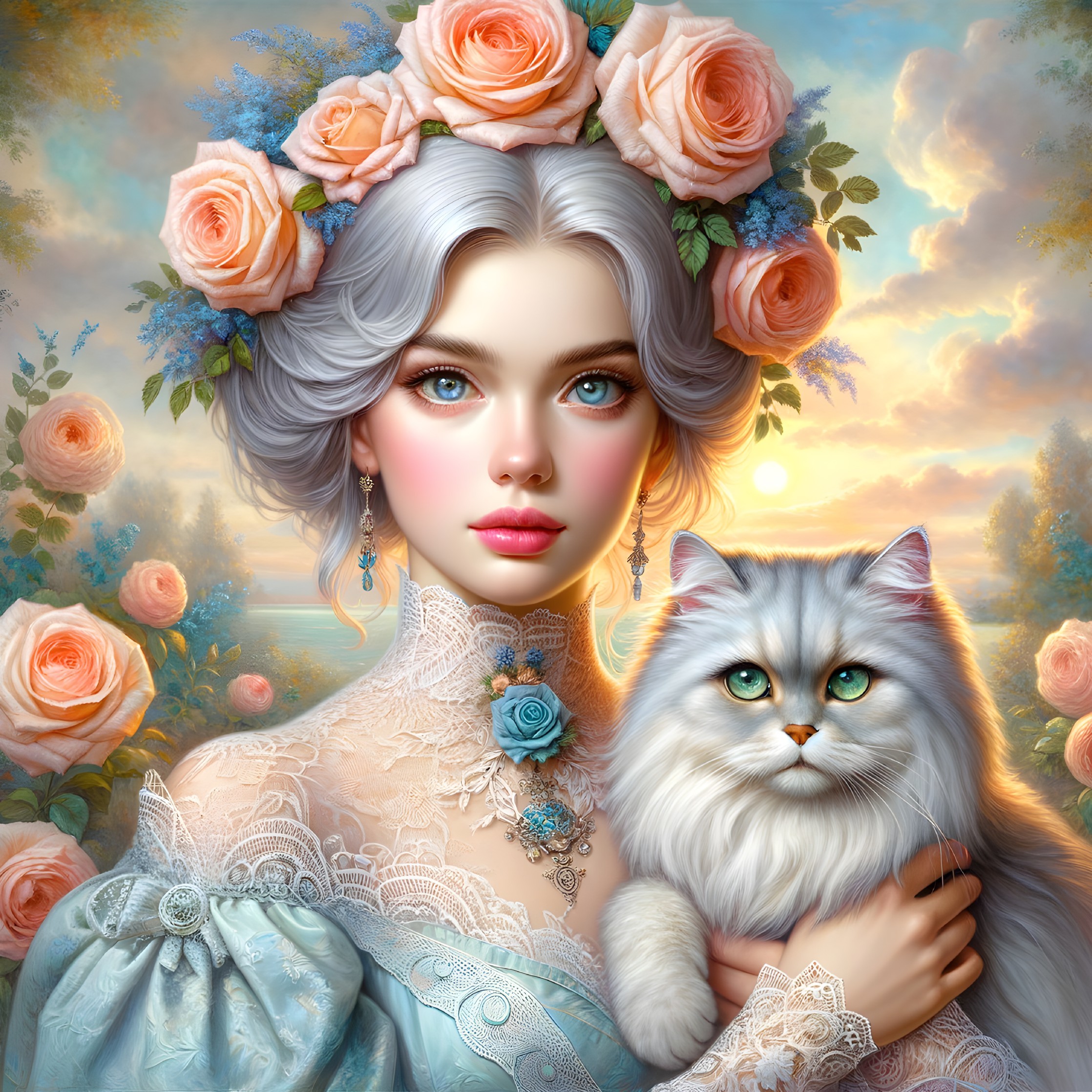 Serene Woman in Pastel Gown with Fluffy Cat