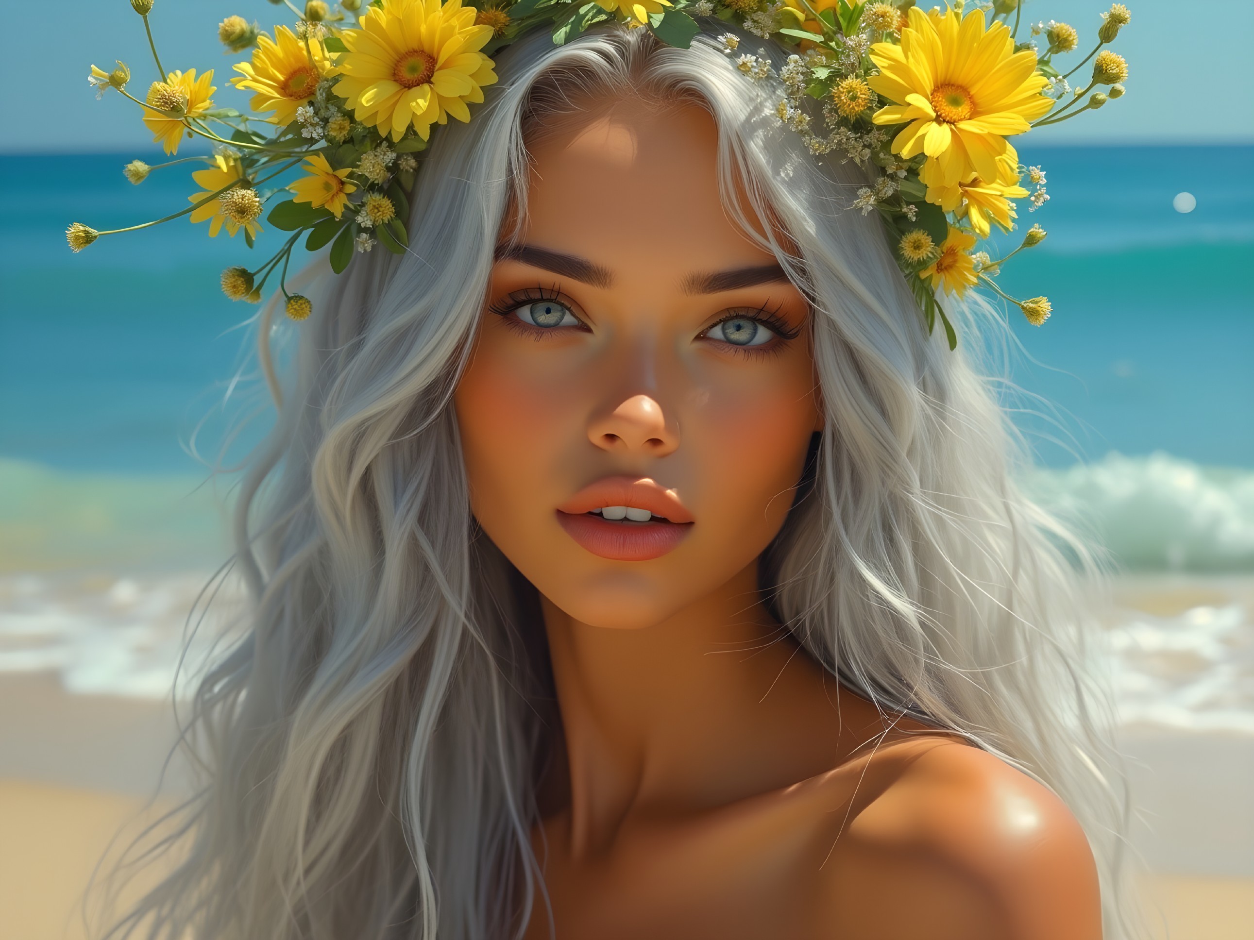 Young woman with silver hair and yellow flower crown