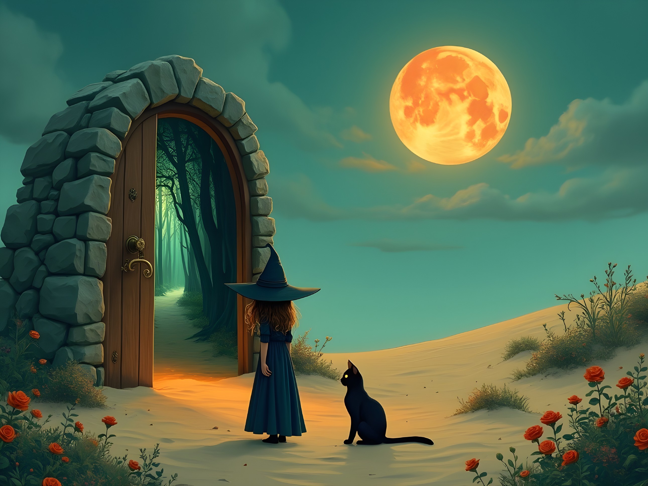 Young girl in blue dress by stone archway and moon