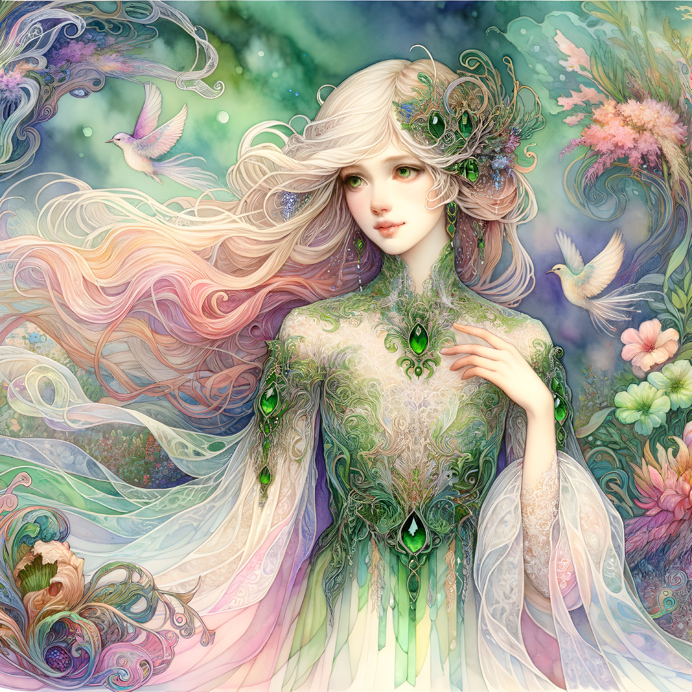 Fantastical woman in intricate gown with nature motifs