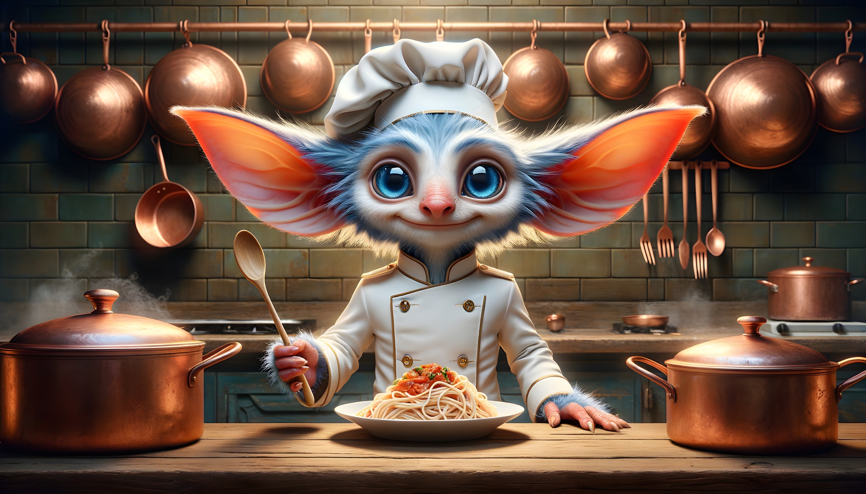 Whimsical Kitchen Scene with Chef Creature and Spaghetti