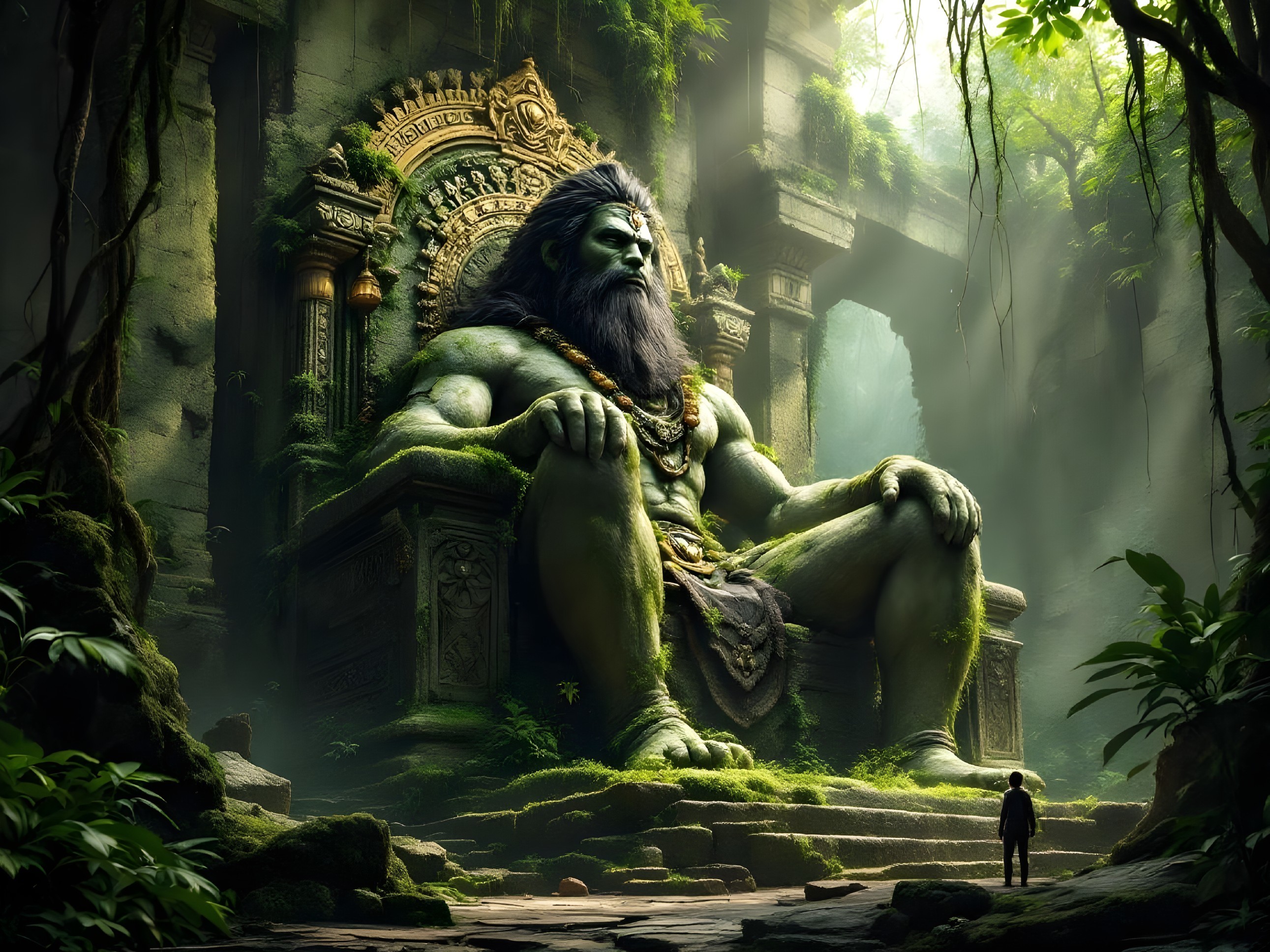Colossal Green Deity Statue in Jungle Ruins