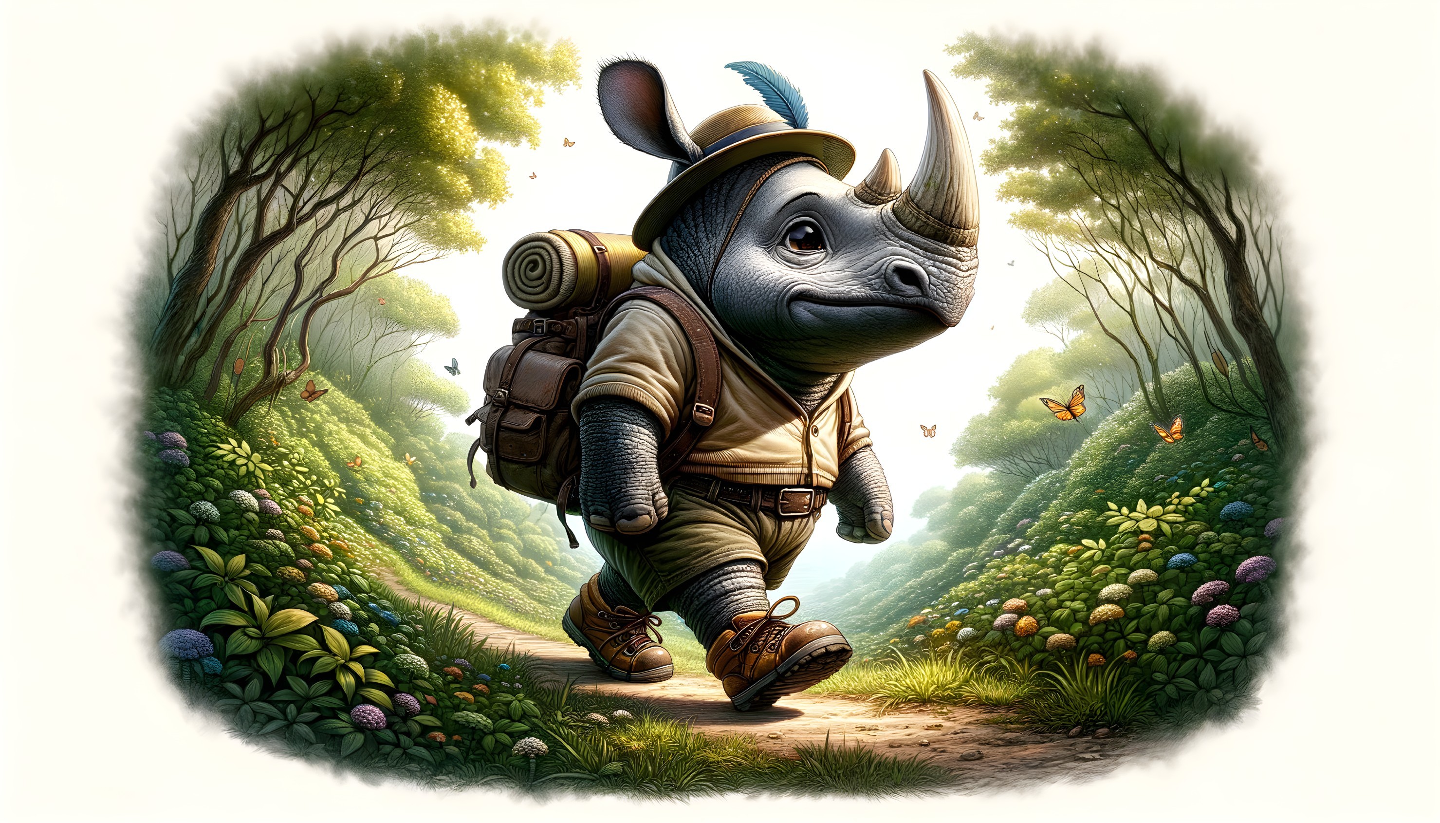 Cartoon Rhinoceros in Forest with Hat and Backpack