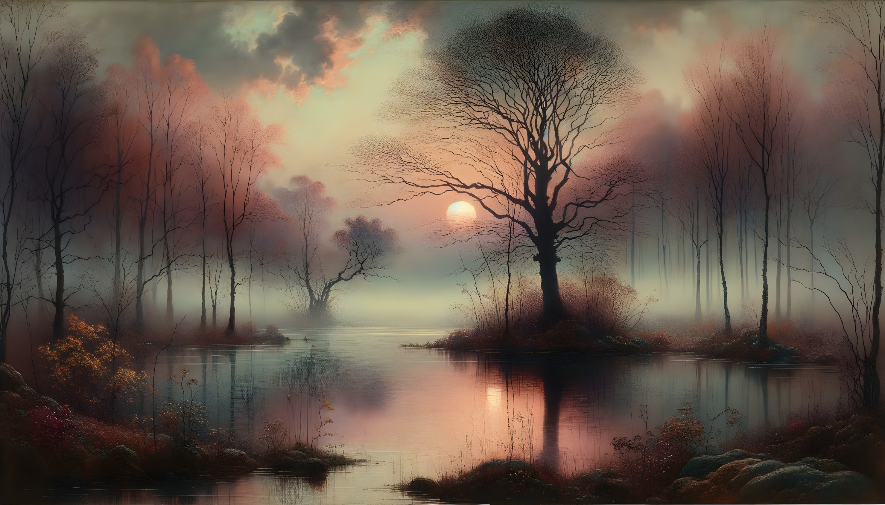 Misty Lake at Sunset with Silhouetted Trees