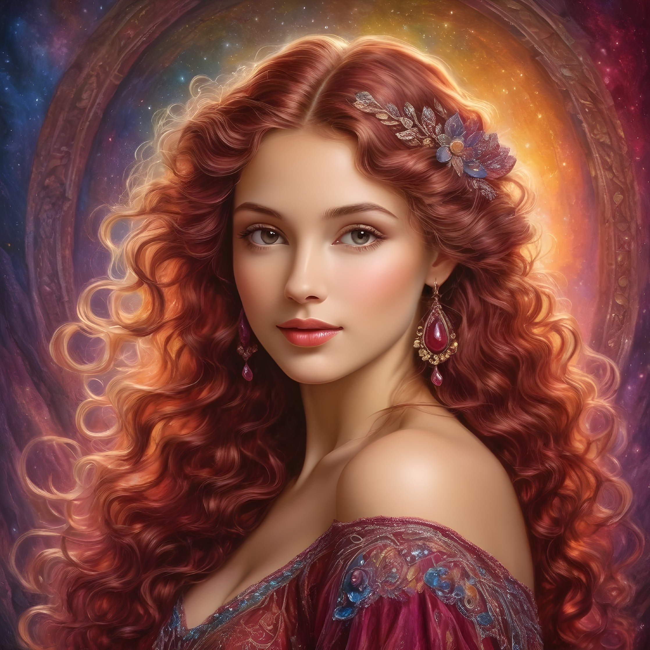 Young woman with red curls in vibrant gown and colors