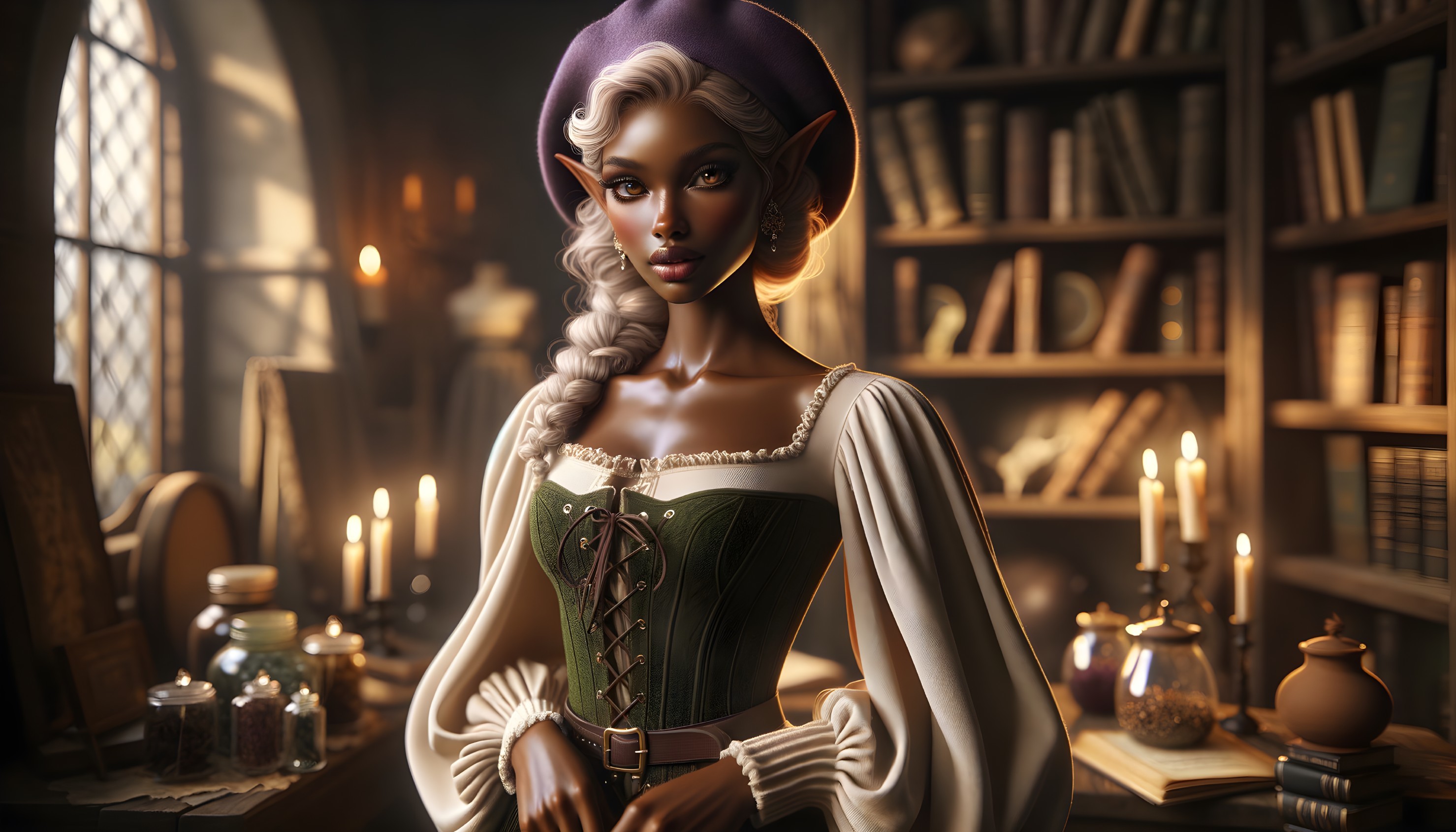 Fantasy Scene of Young Woman in Cozy Library