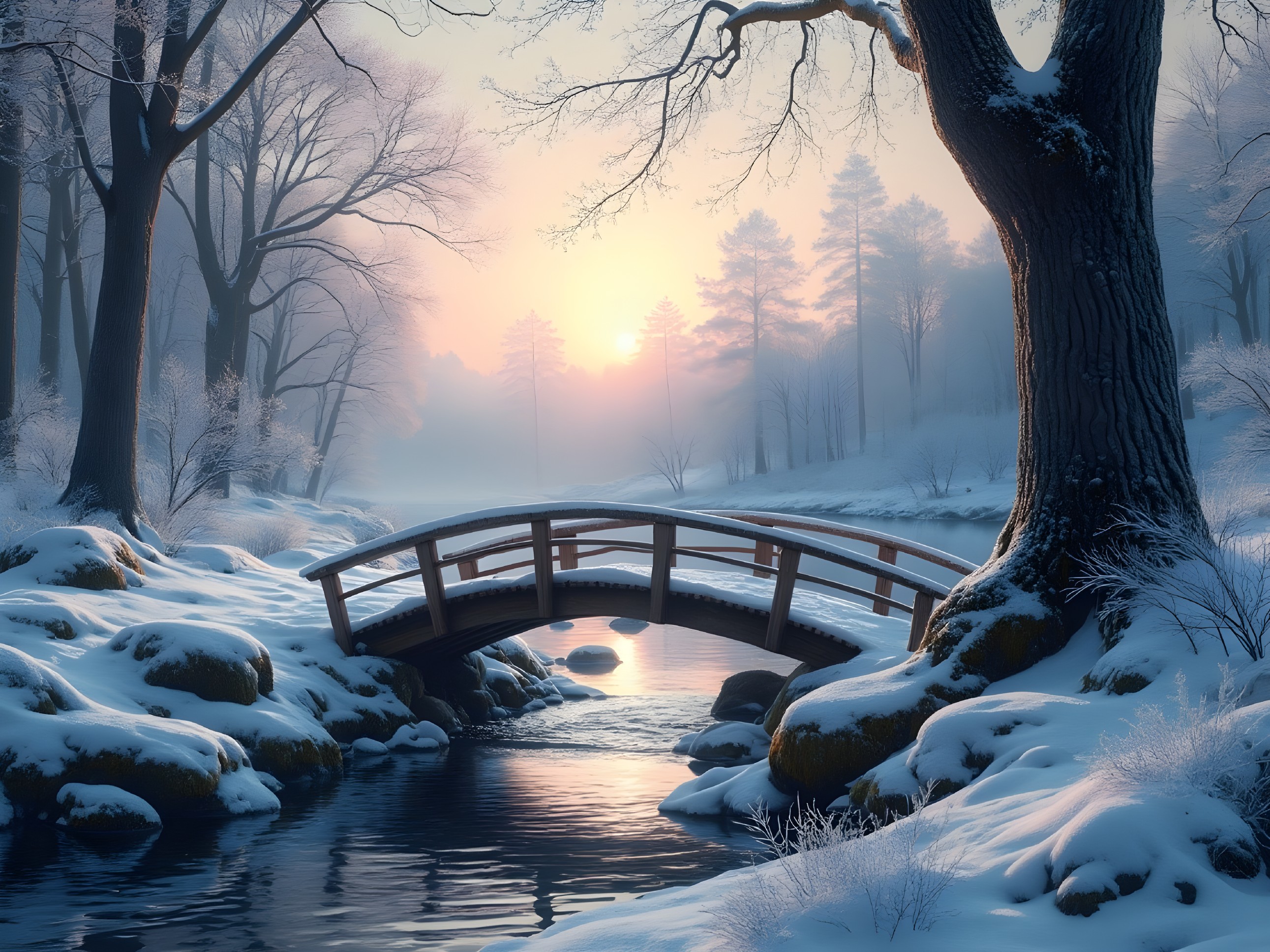 Serene Winter Landscape with Wooden Bridge and Stream