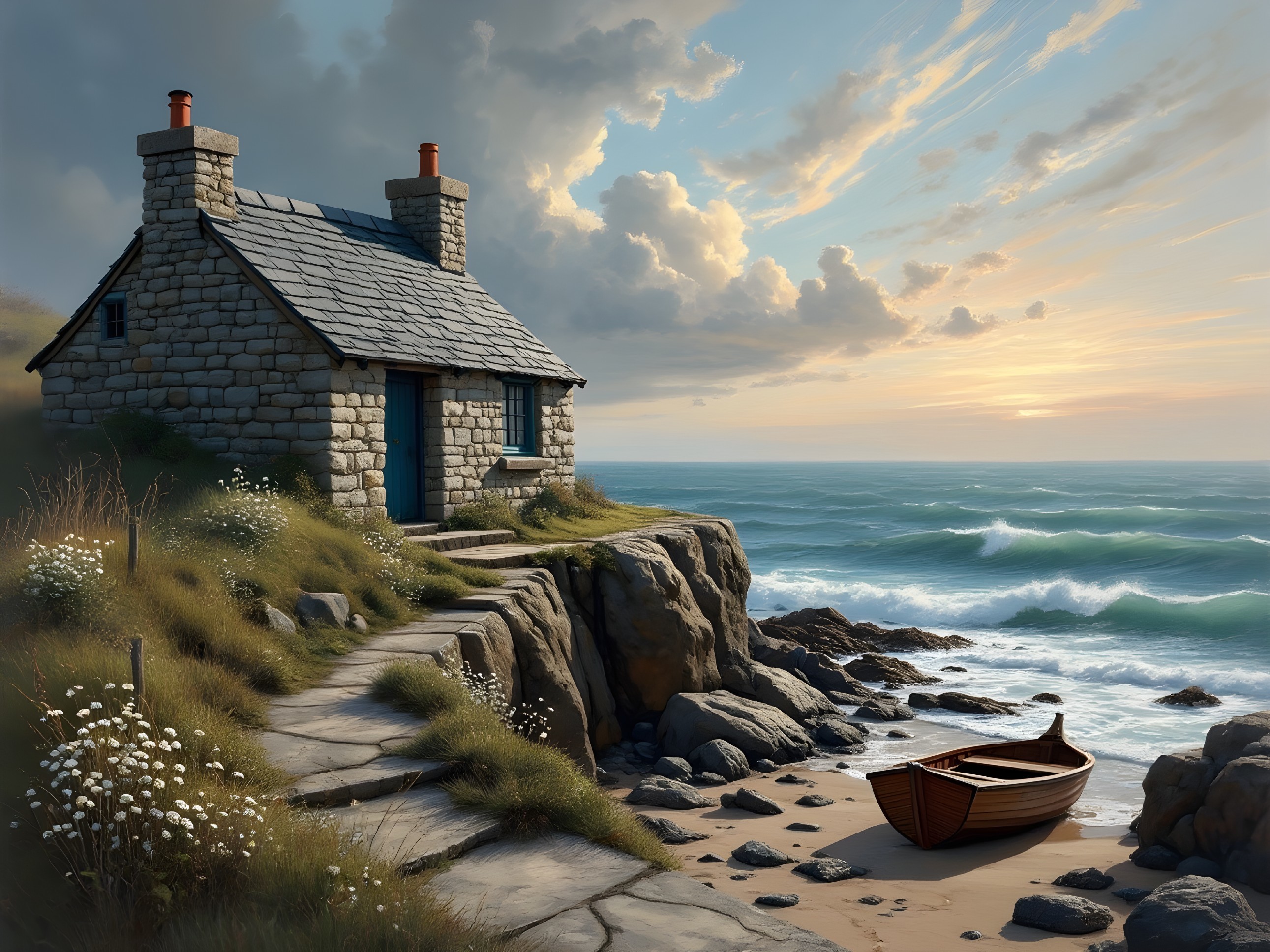 Stone Cottage on Cliffs Overlooking Tranquil Sea
