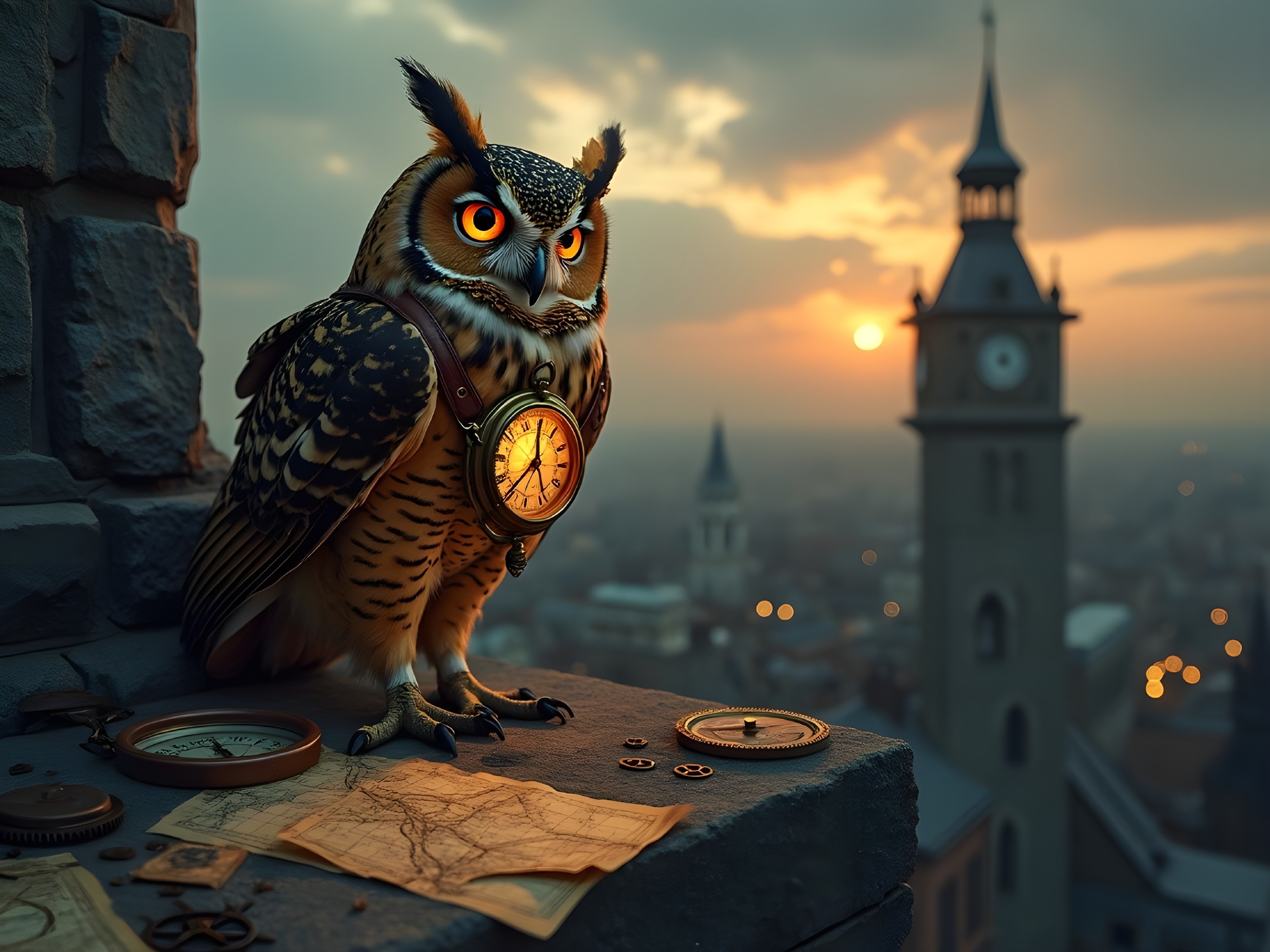 Owl with Pocket Watch Overlooking Enchanting Cityscape