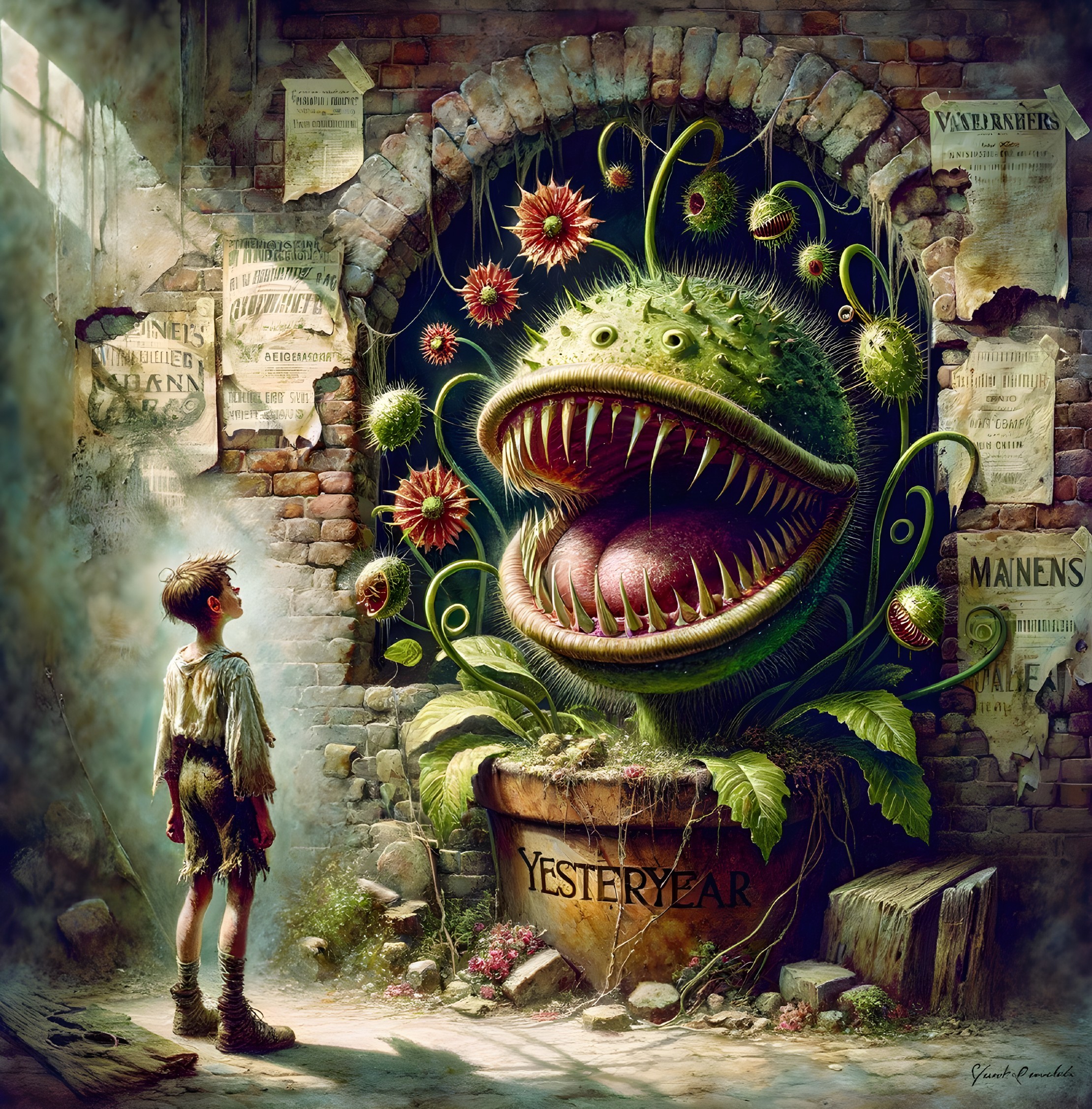 Colossal Plant with Toothy Mouth in Dim Alley