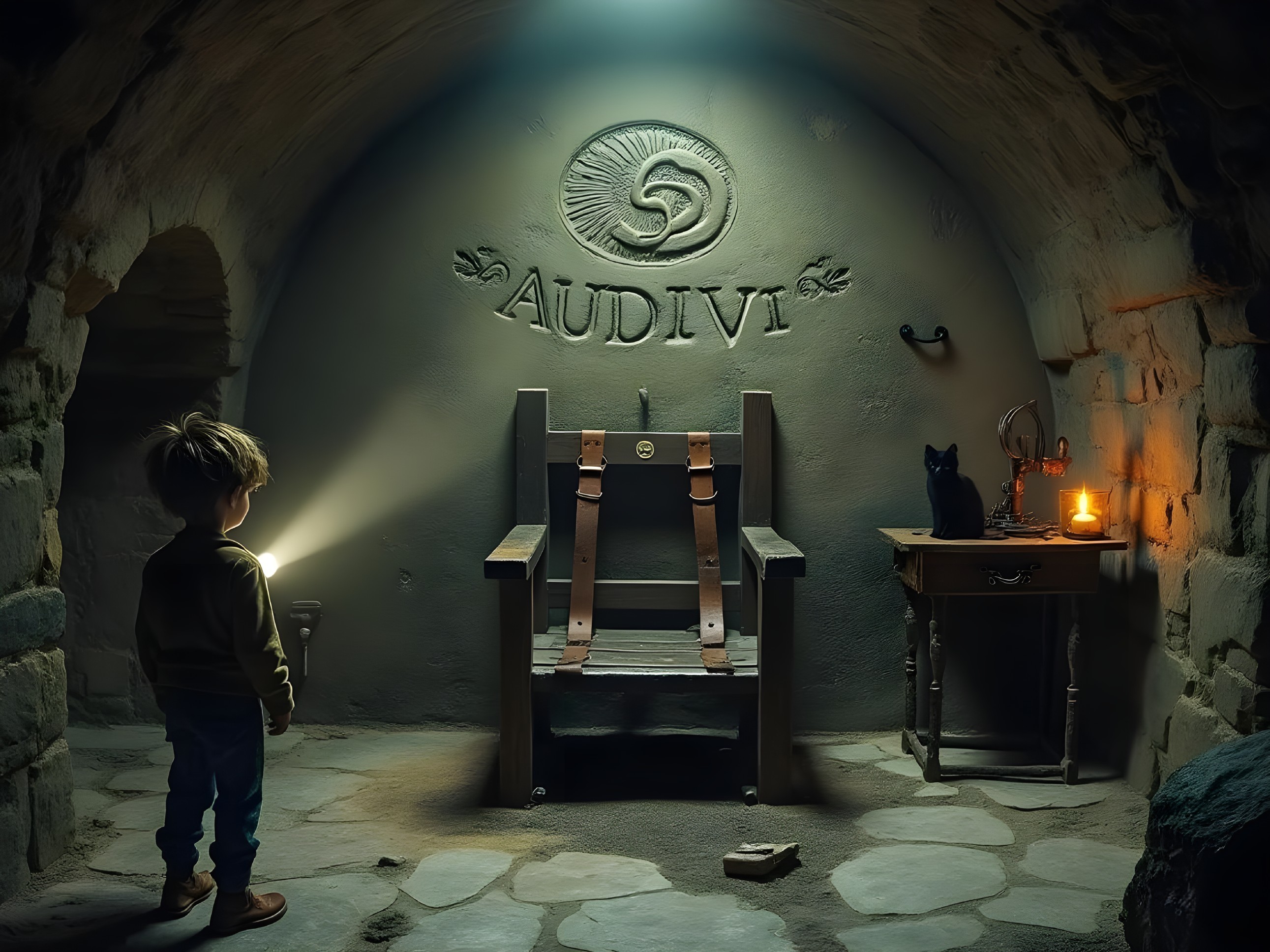 Child in cellar with wooden chair and eerie shadows