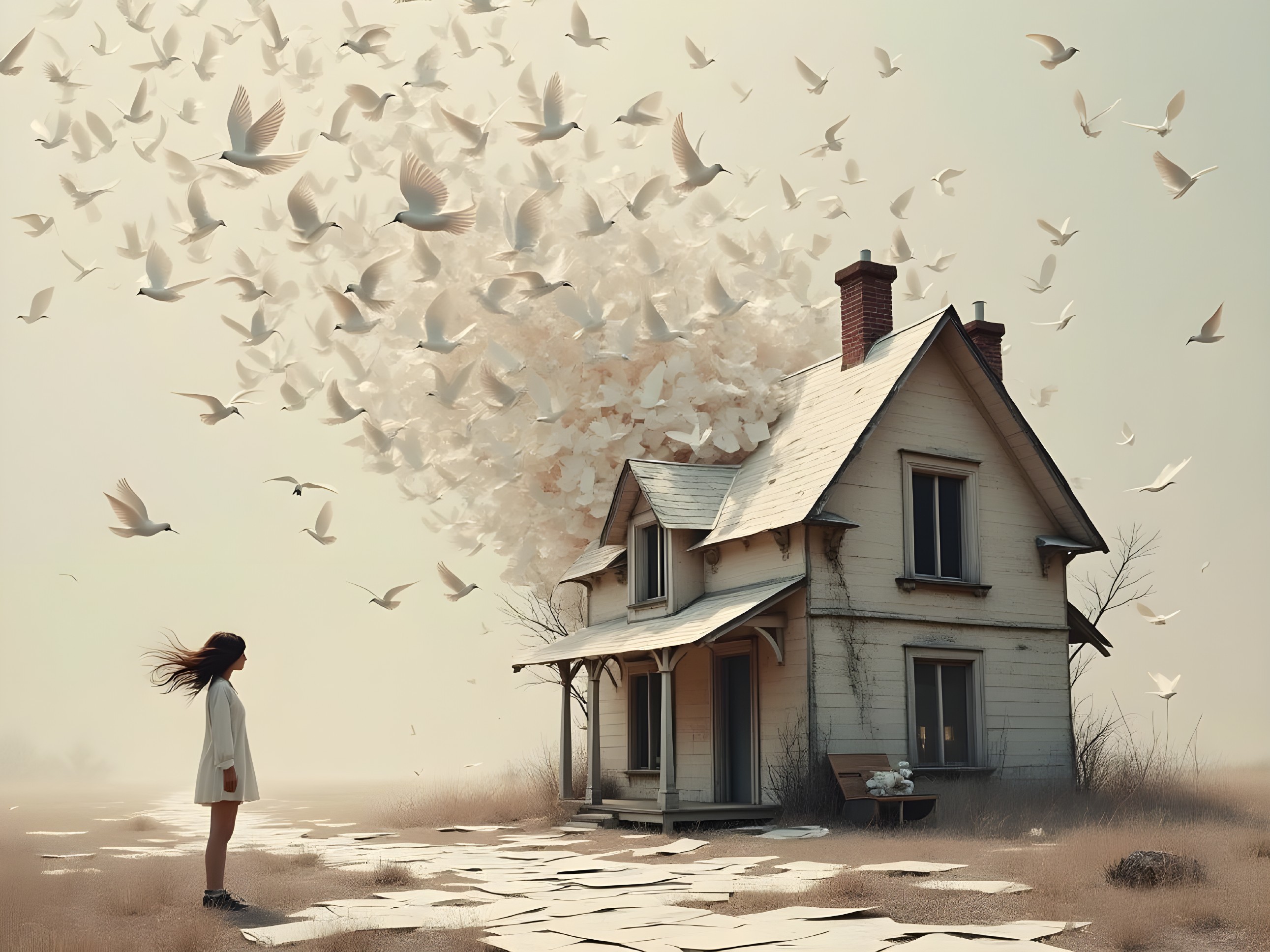 Solitary Girl by Weathered House with Birds in Sky