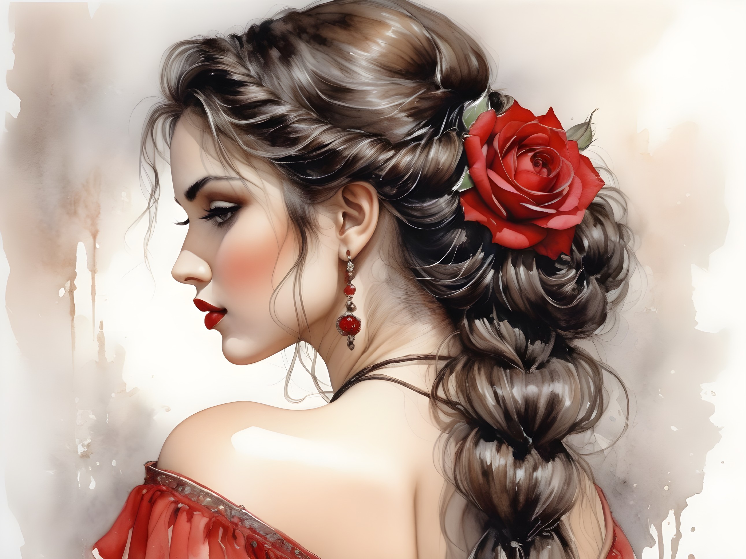 Profile of a Young Woman with Red Rose and Elegant Attire