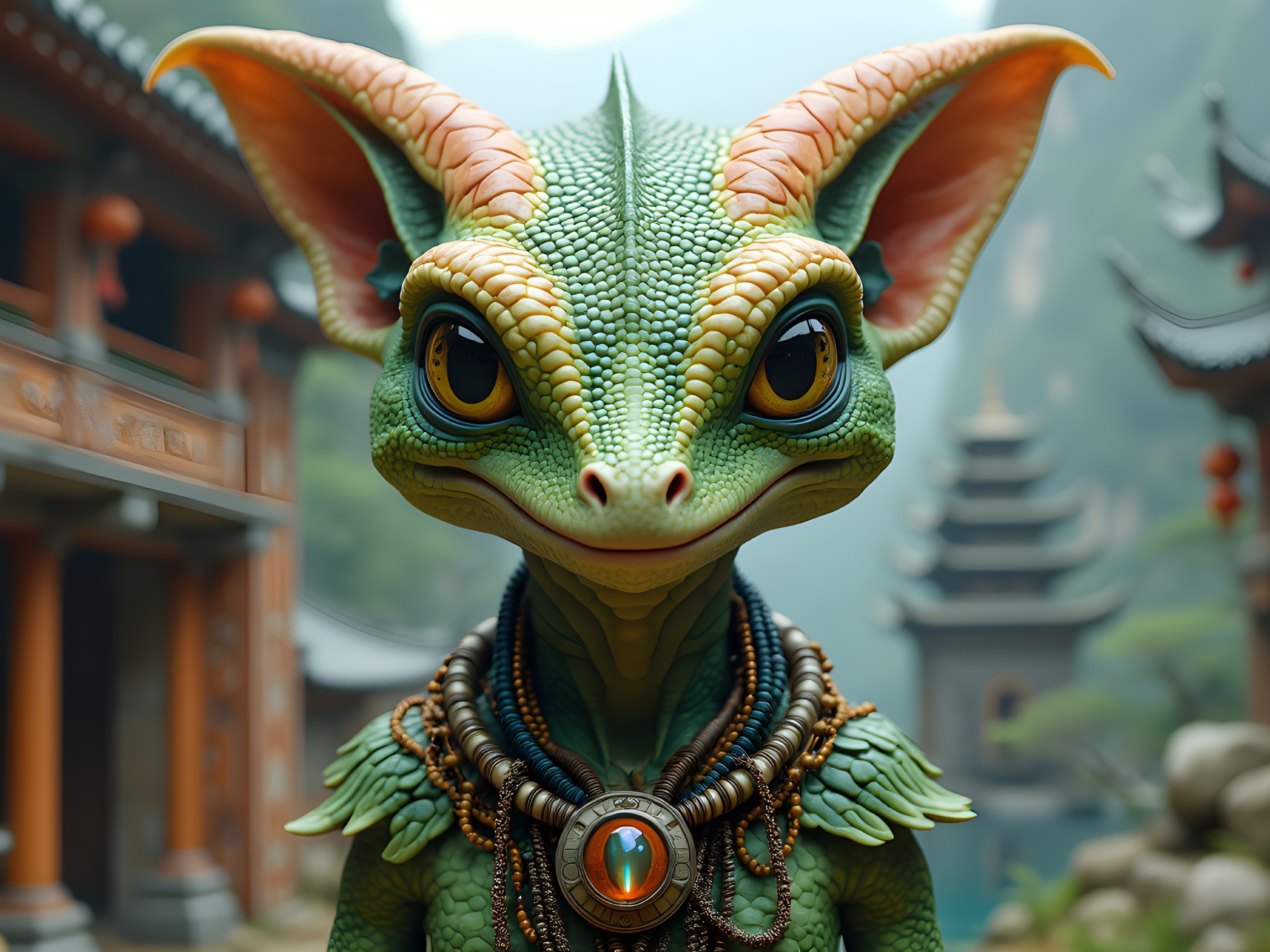 Whimsical Green Dragon Creature in Misty Landscape