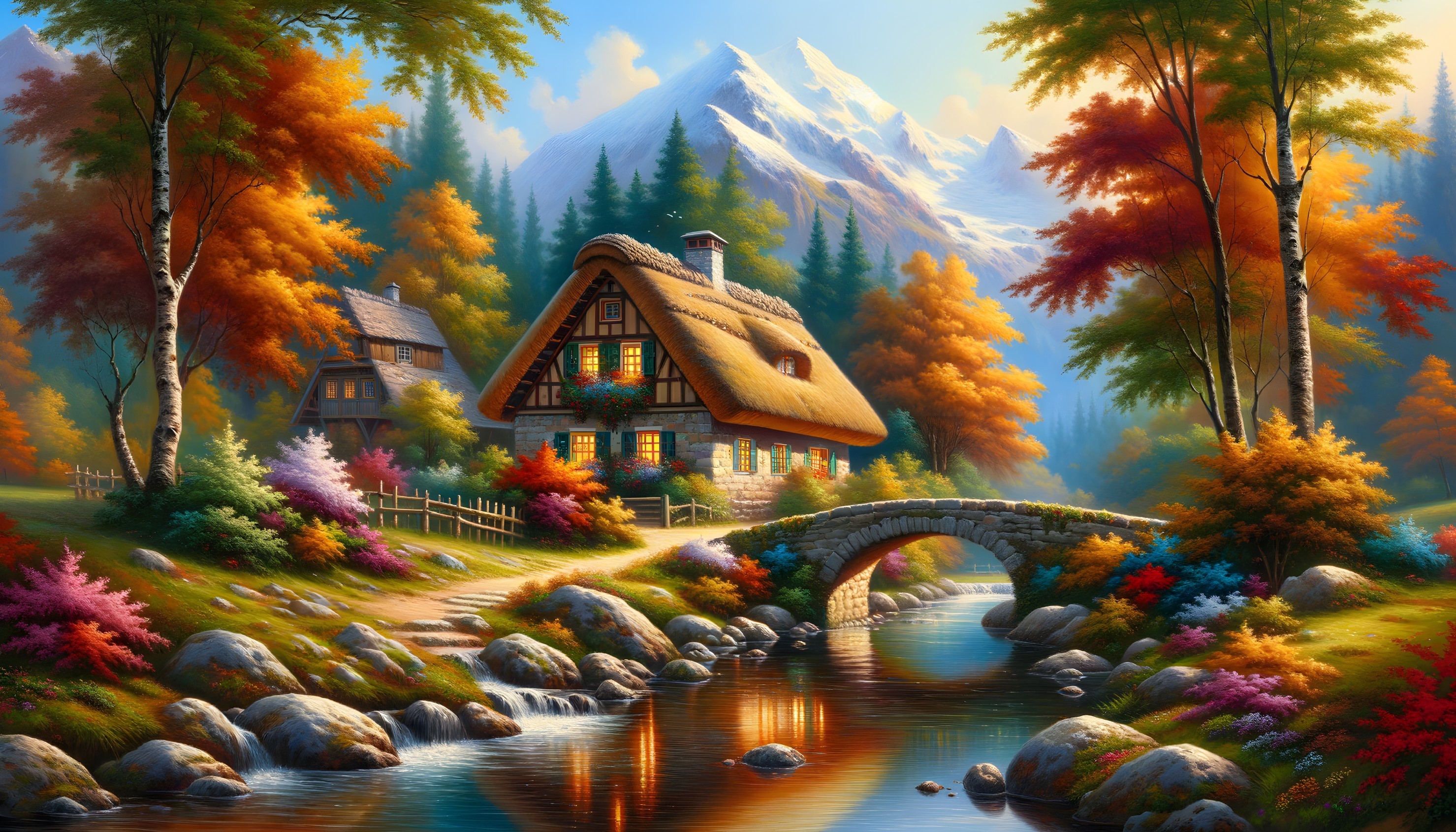 Cottage by Stream Surrounded by Autumn Foliage
