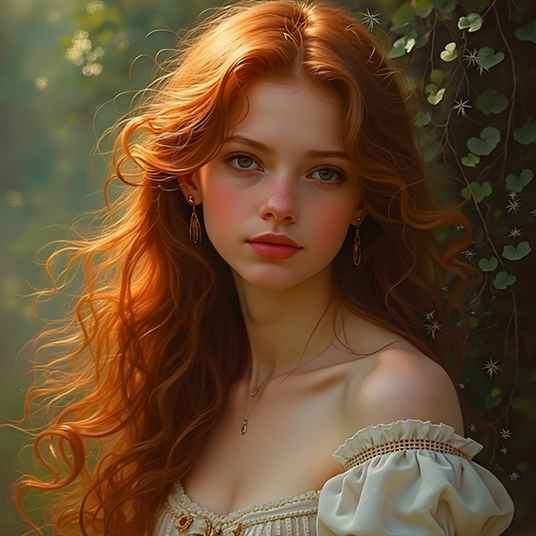 Young woman in embroidered dress amidst nature背景