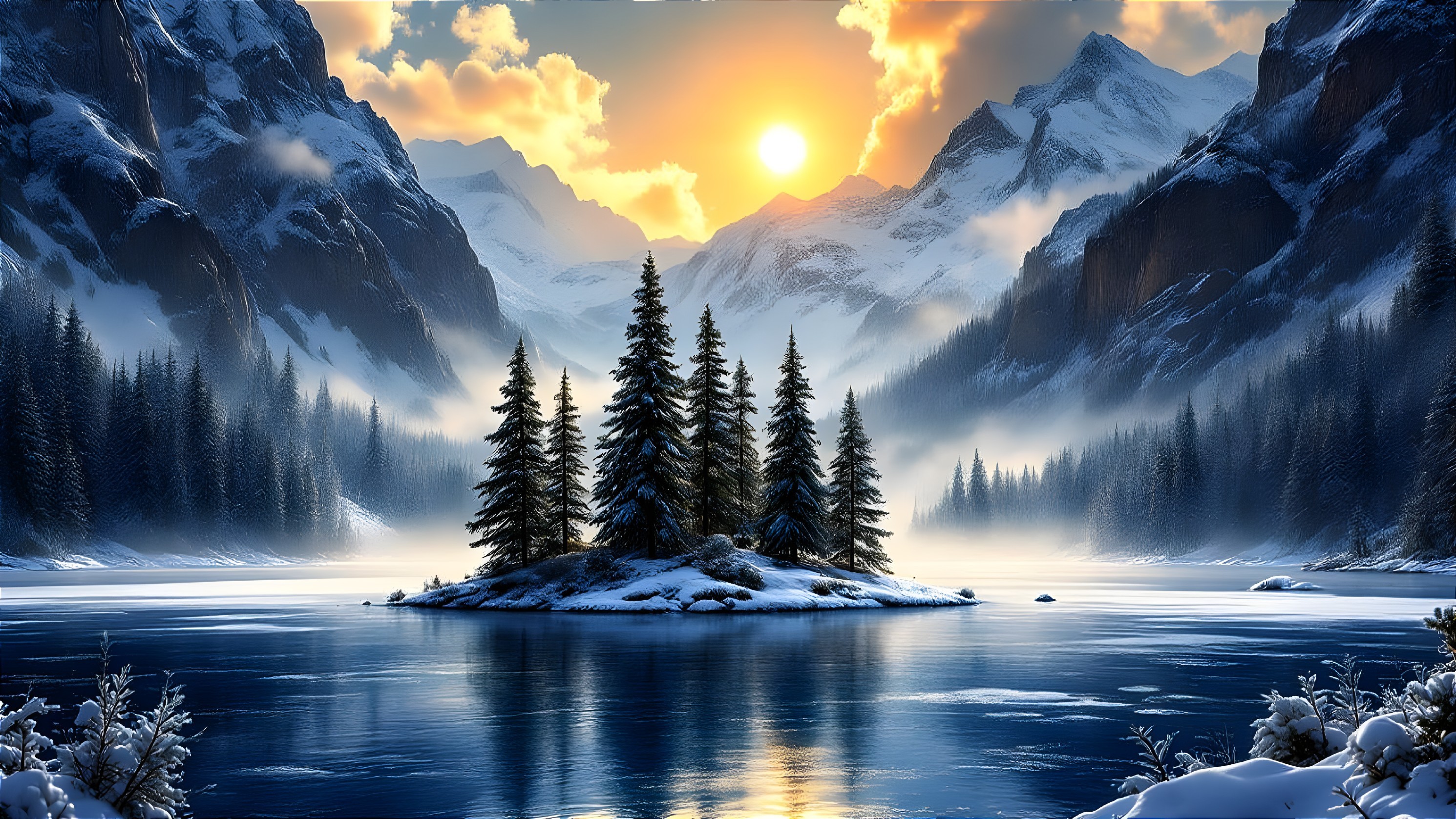 Tranquil Winter Landscape with Lake and Mountains