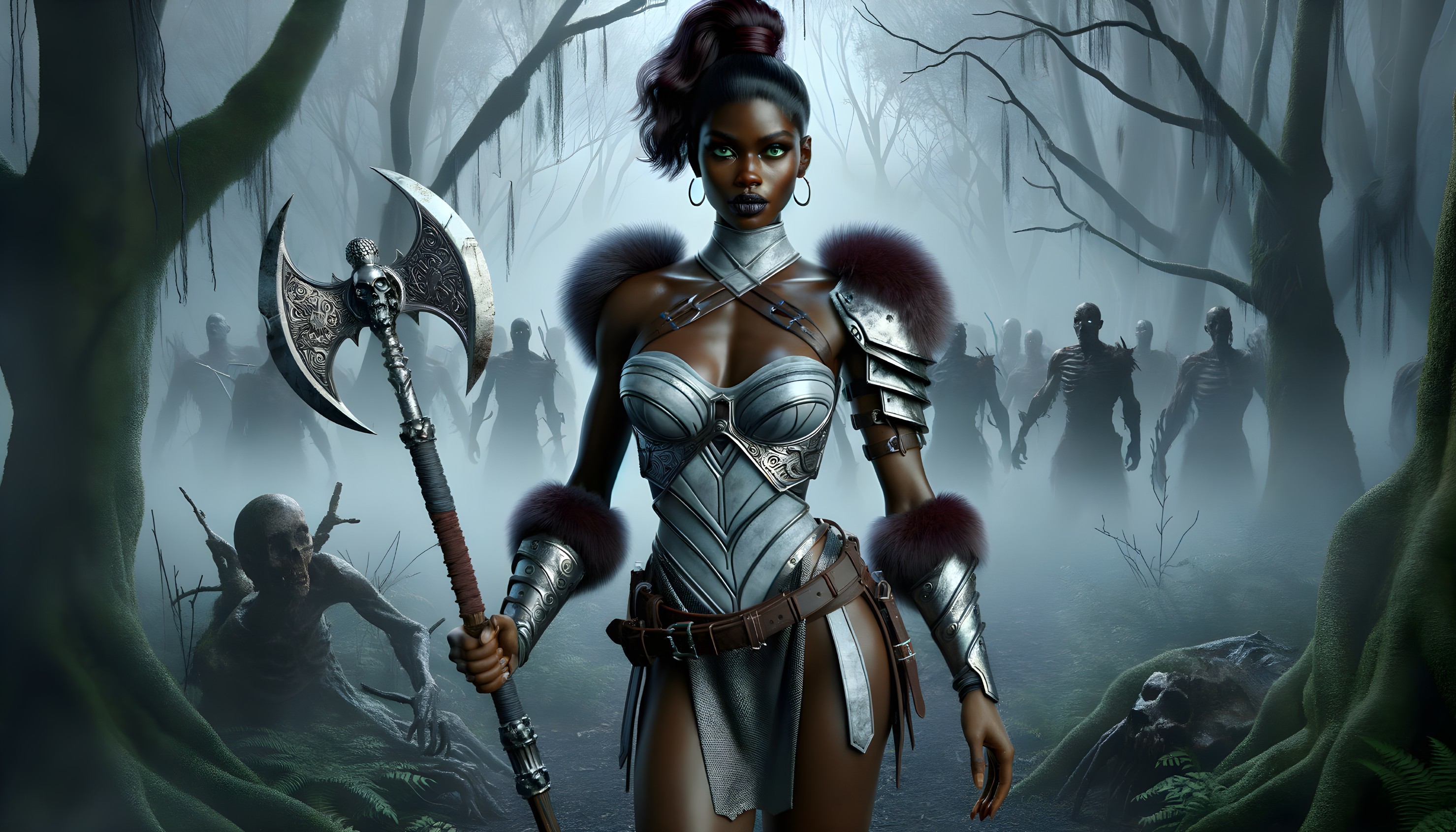 Warrior in Silver Armor with Dual-Headed Axe in Fog
