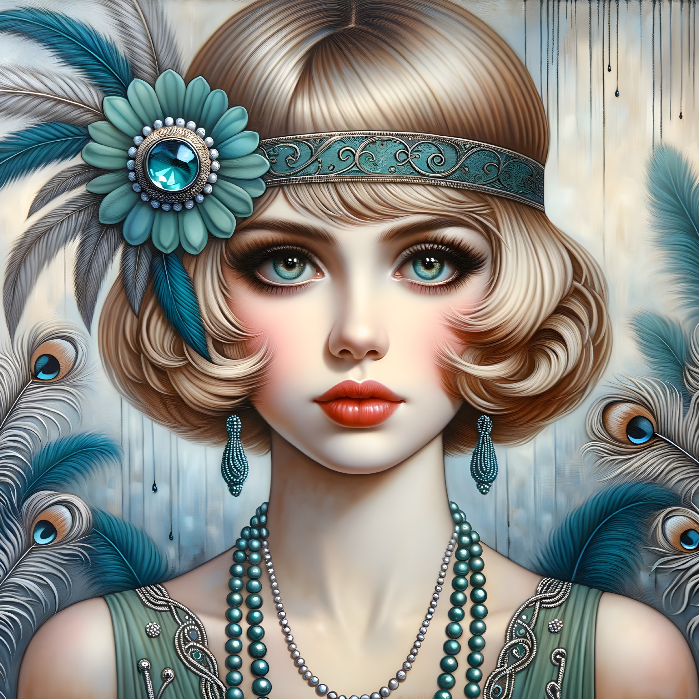 1920s Flapper Style with Vintage Peacock Feather Background