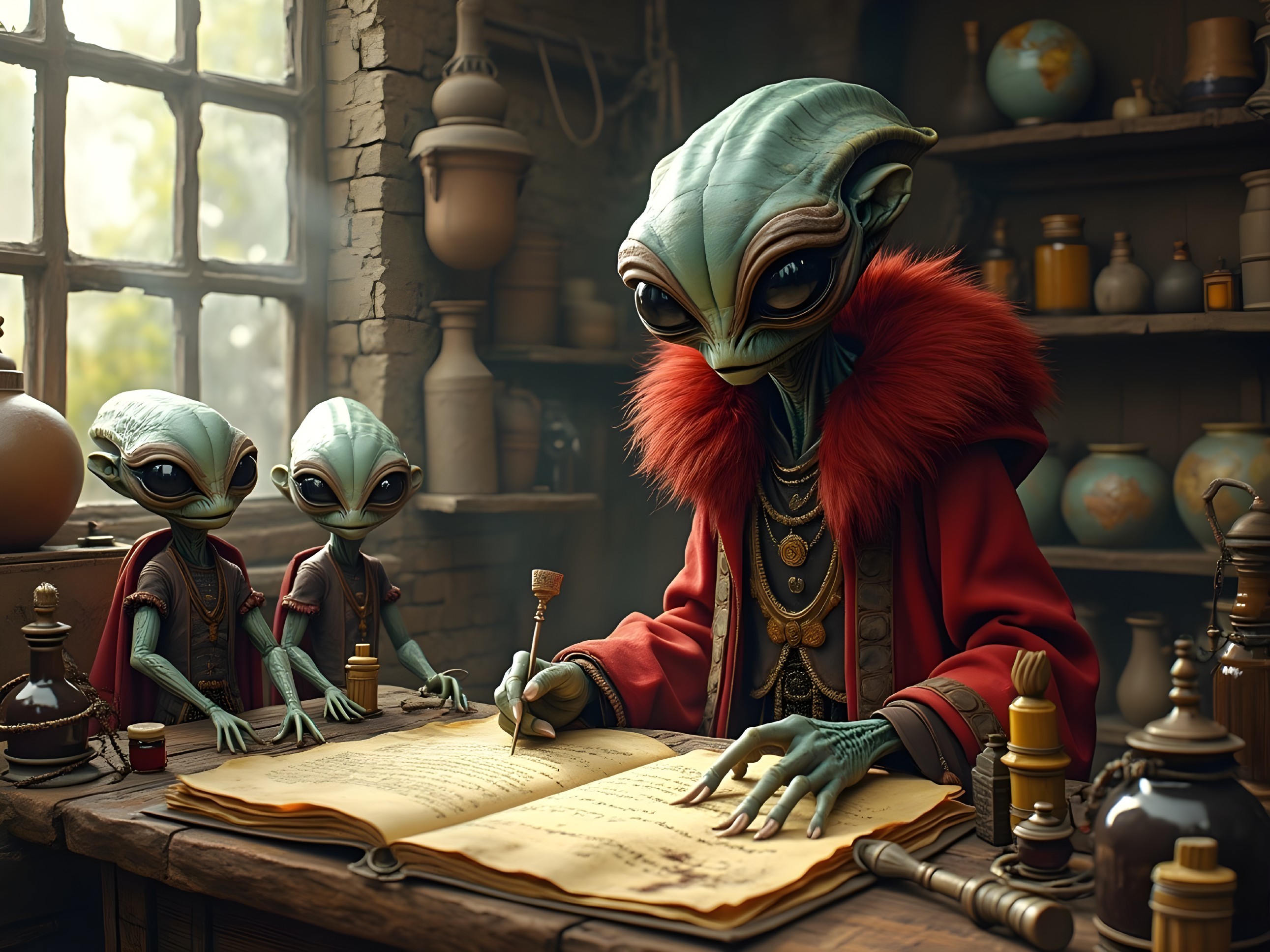 Alien Figures in a Dimly Lit Alchemist's Workshop