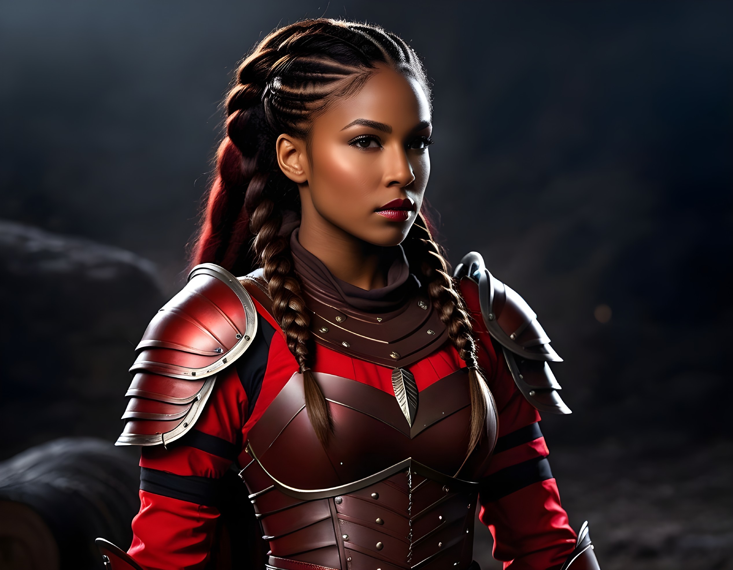 Female warrior in metallic armor with braided hair