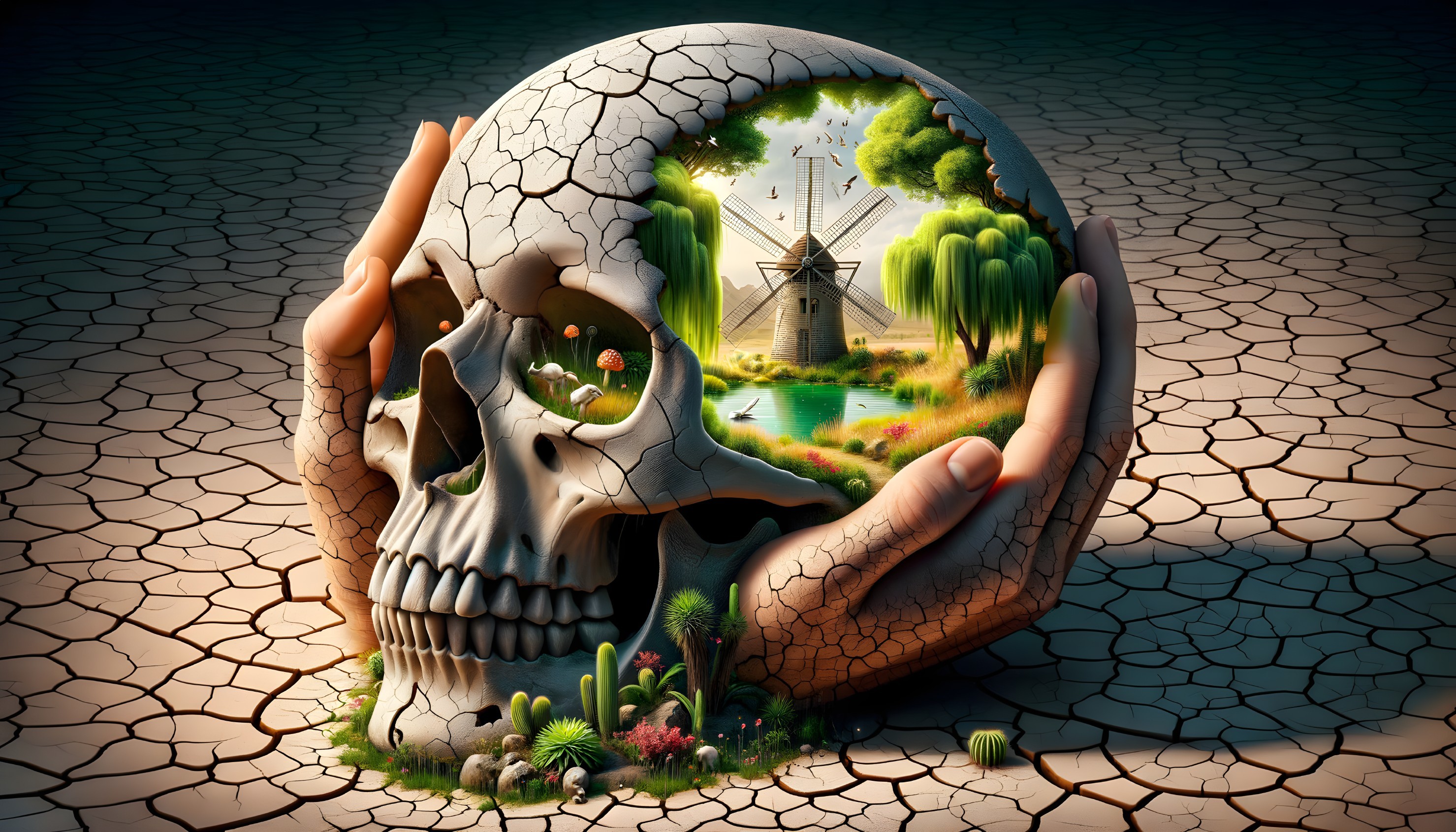 Cracked Skull with Lush Scene in Barren Landscape