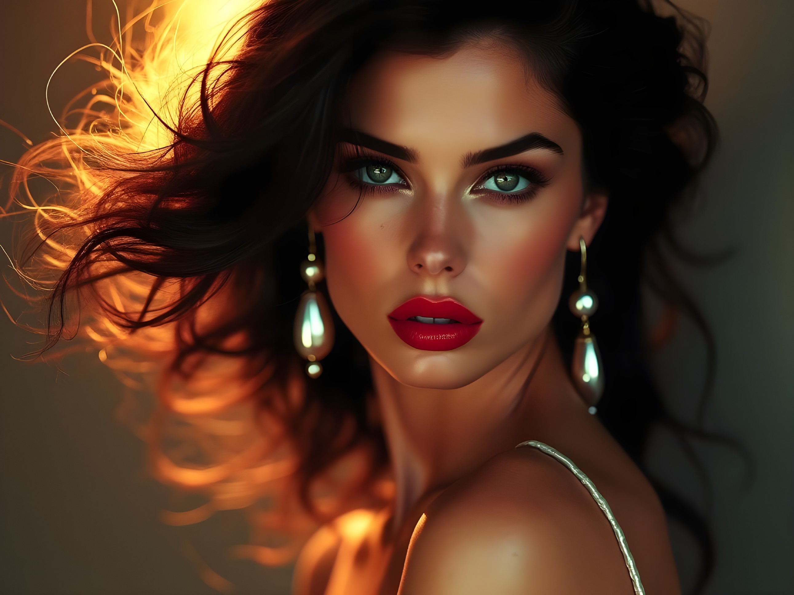 Portrait of a Woman with Green Eyes and Red Lips