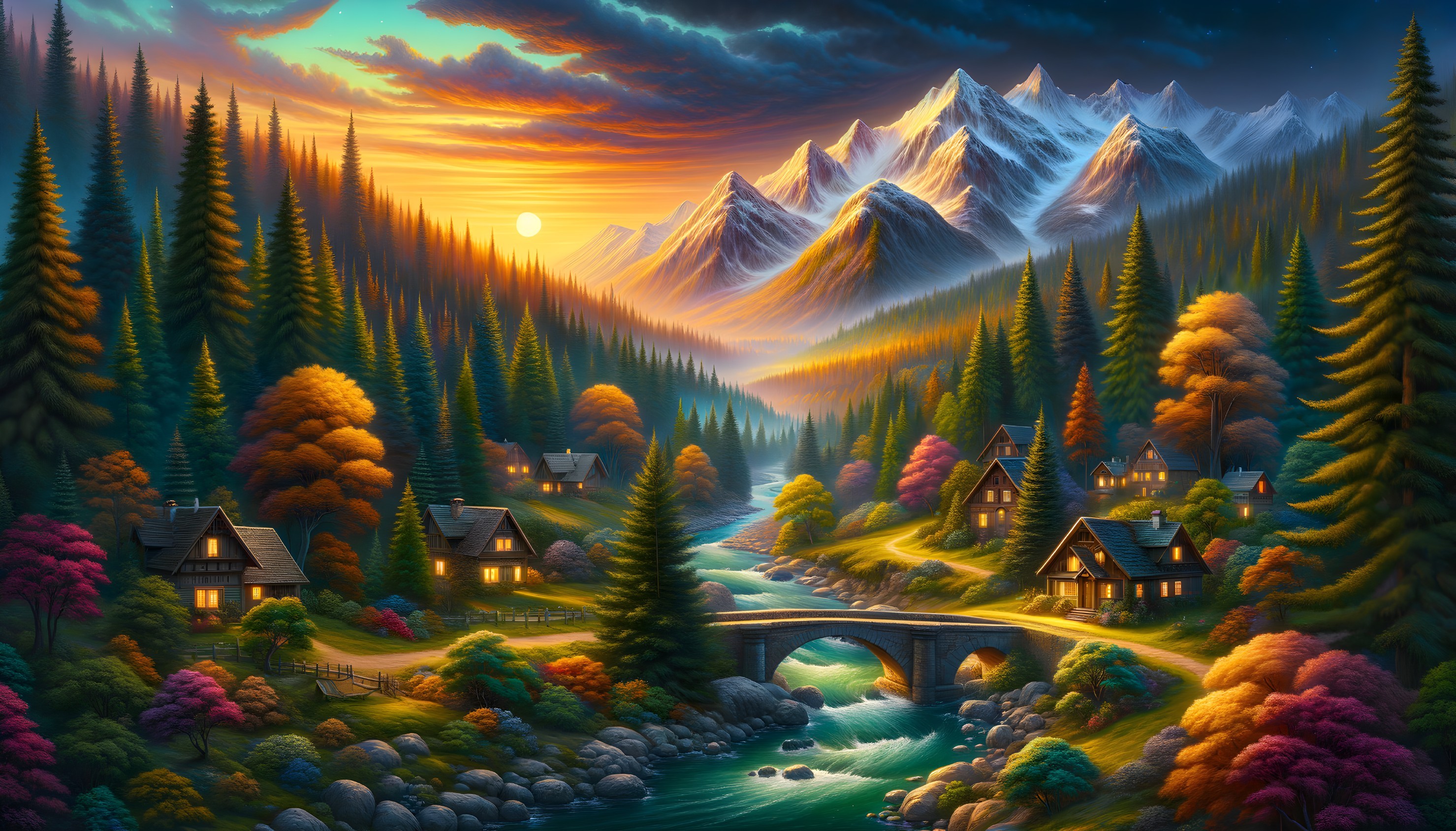Serene Mountain Valley at Sunset with Cottages and Bridge
