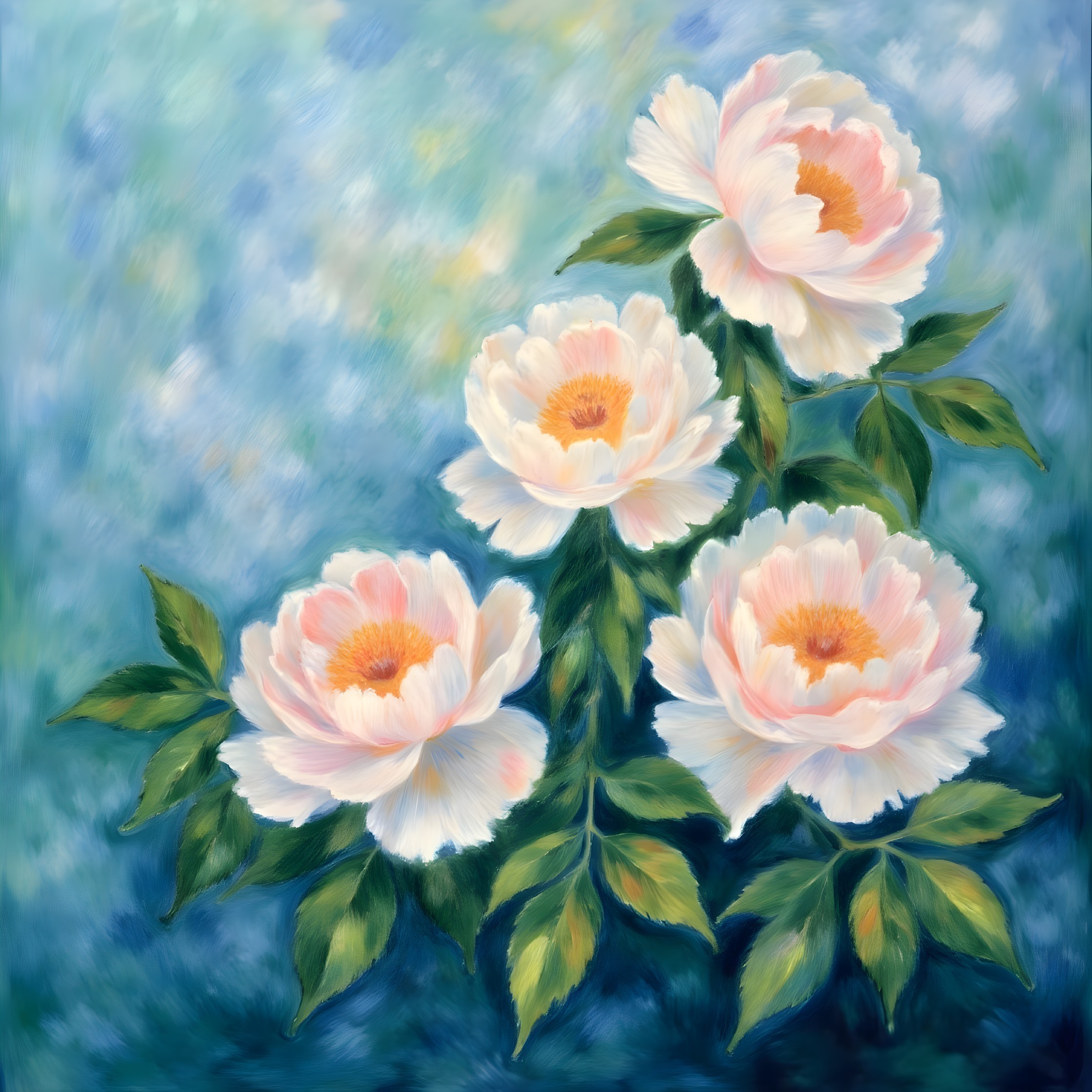 Vibrant Peonies in Soft Pastel Hues with Green Leaves
