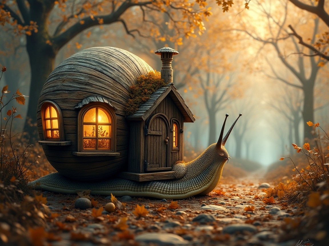 Giant Snail with Wooden House on Autumn Path