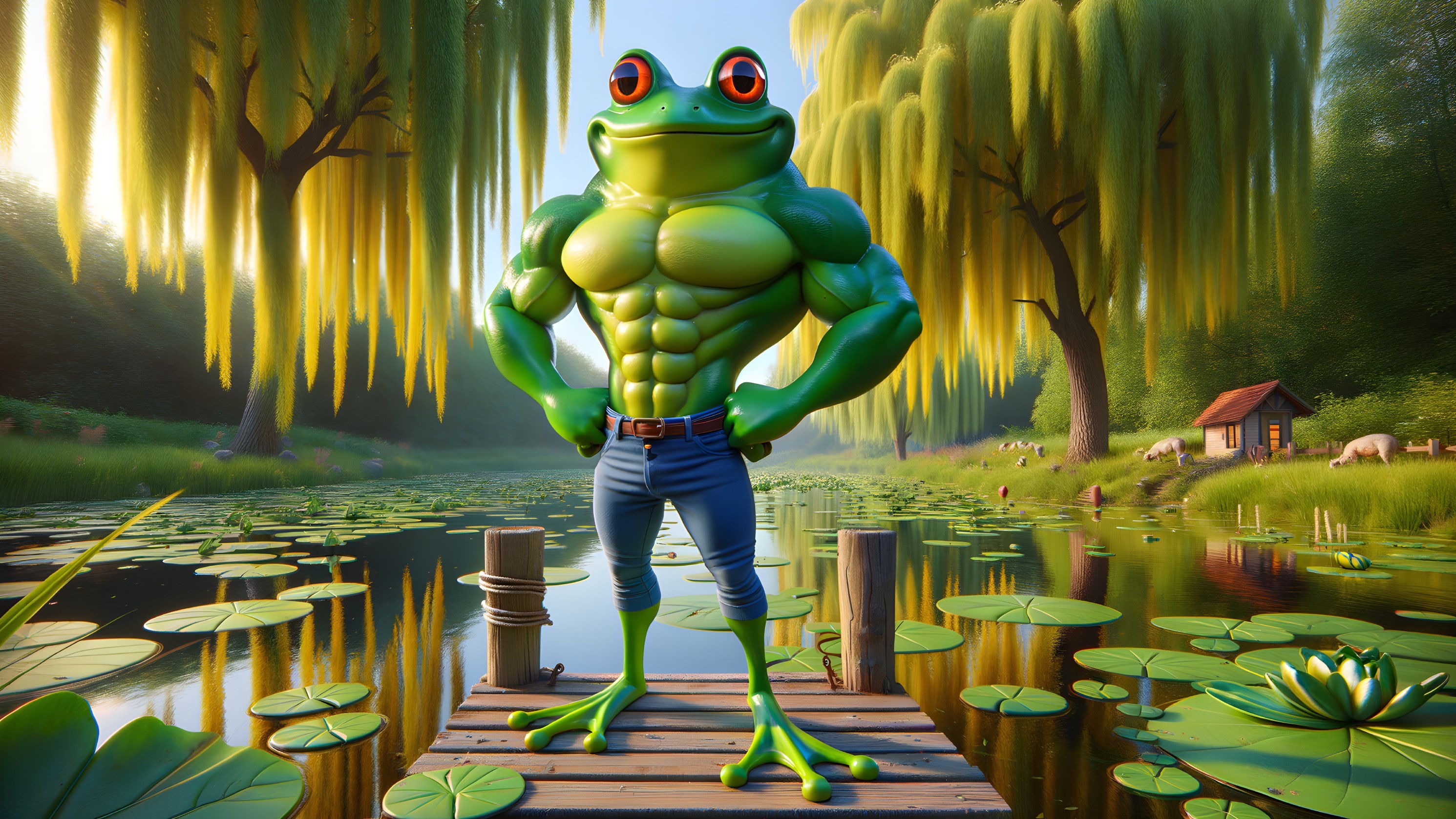 Muscular Cartoon Frog on Dock Surrounded by Nature