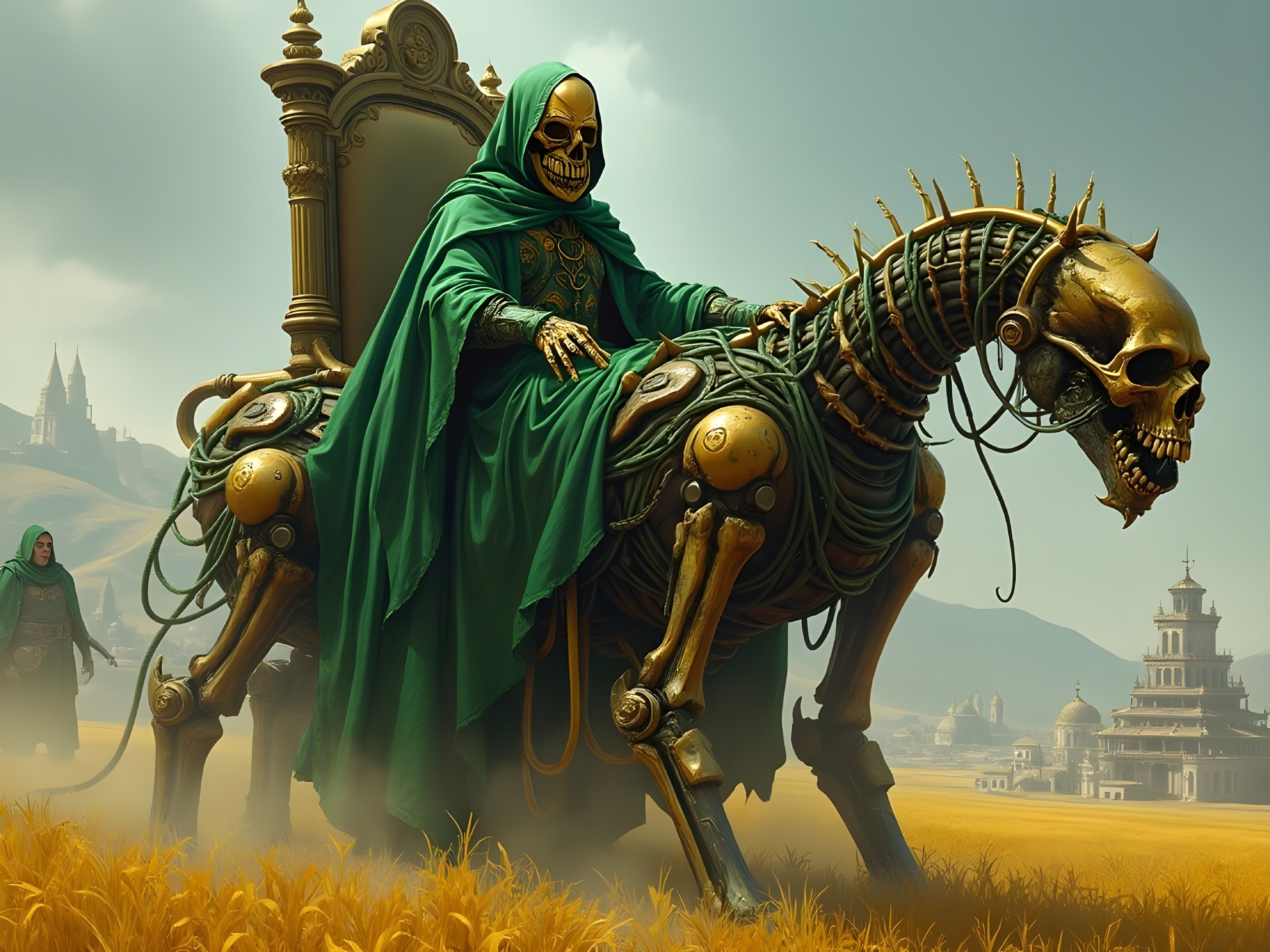 Skeletal Figure on Mechanical Steed in Fantasy Landscape