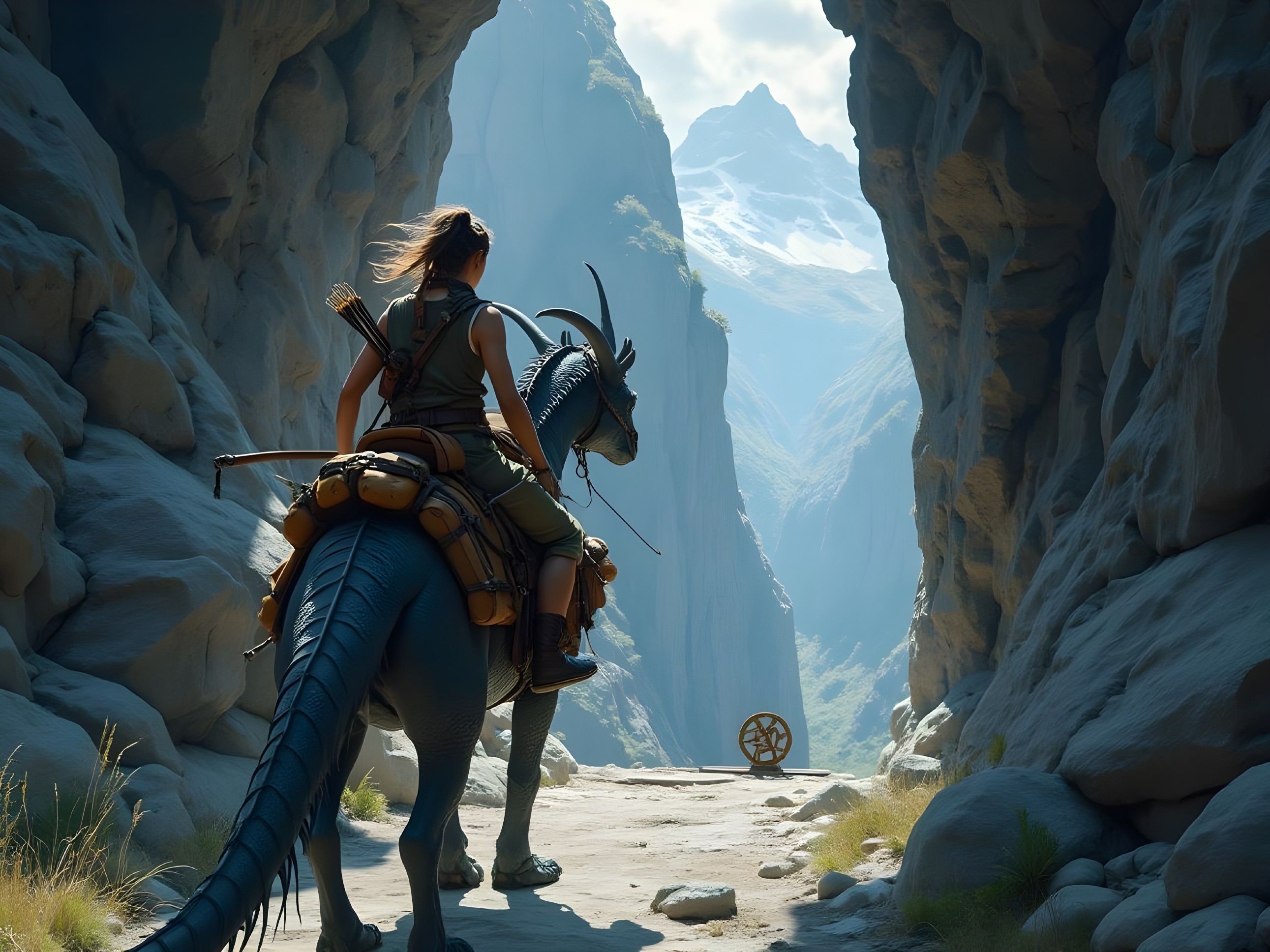 Lone Rider on Creature in Majestic Canyon Landscape