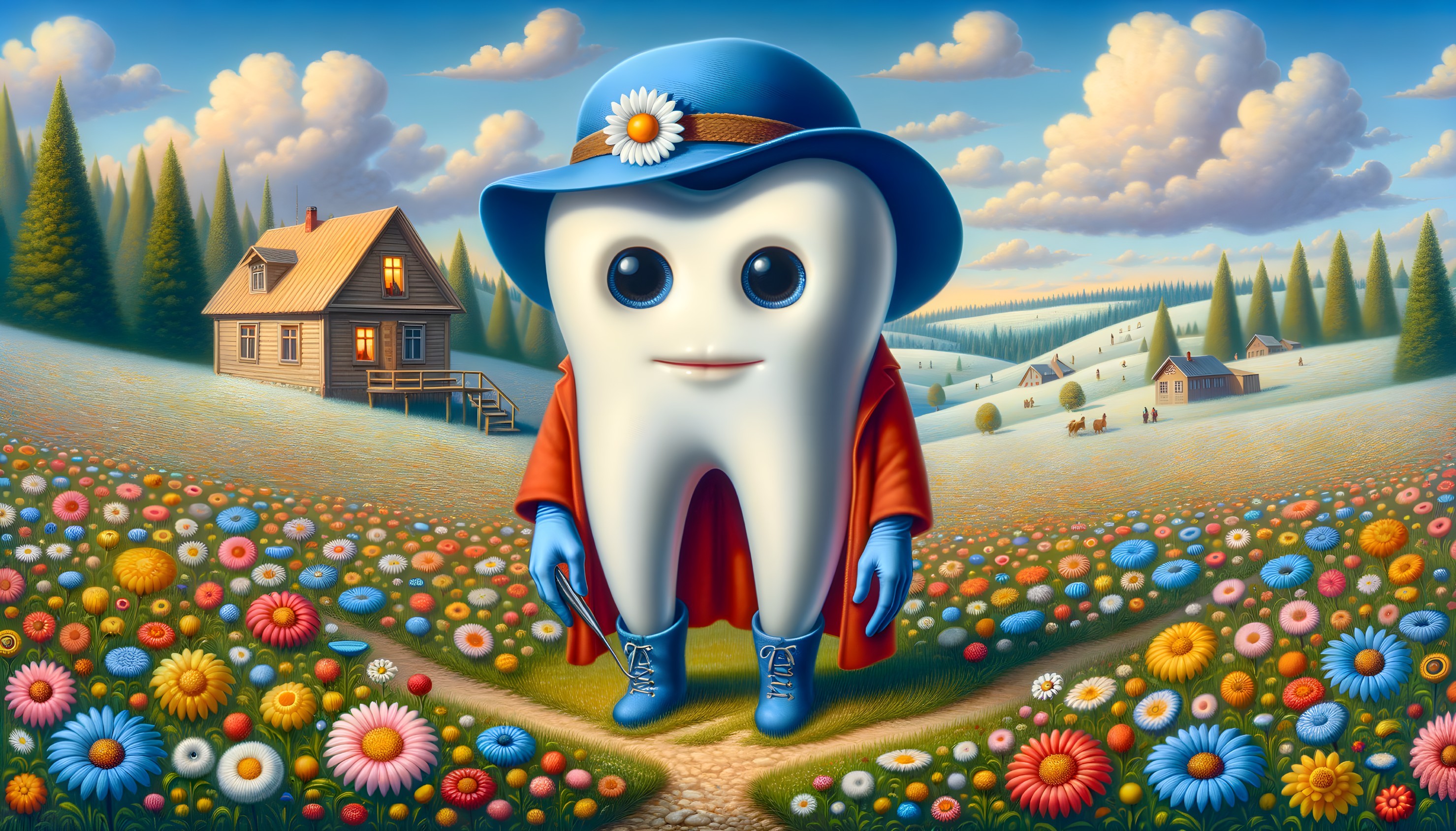 Cartoon Tooth Character in Vibrant Flower Field
