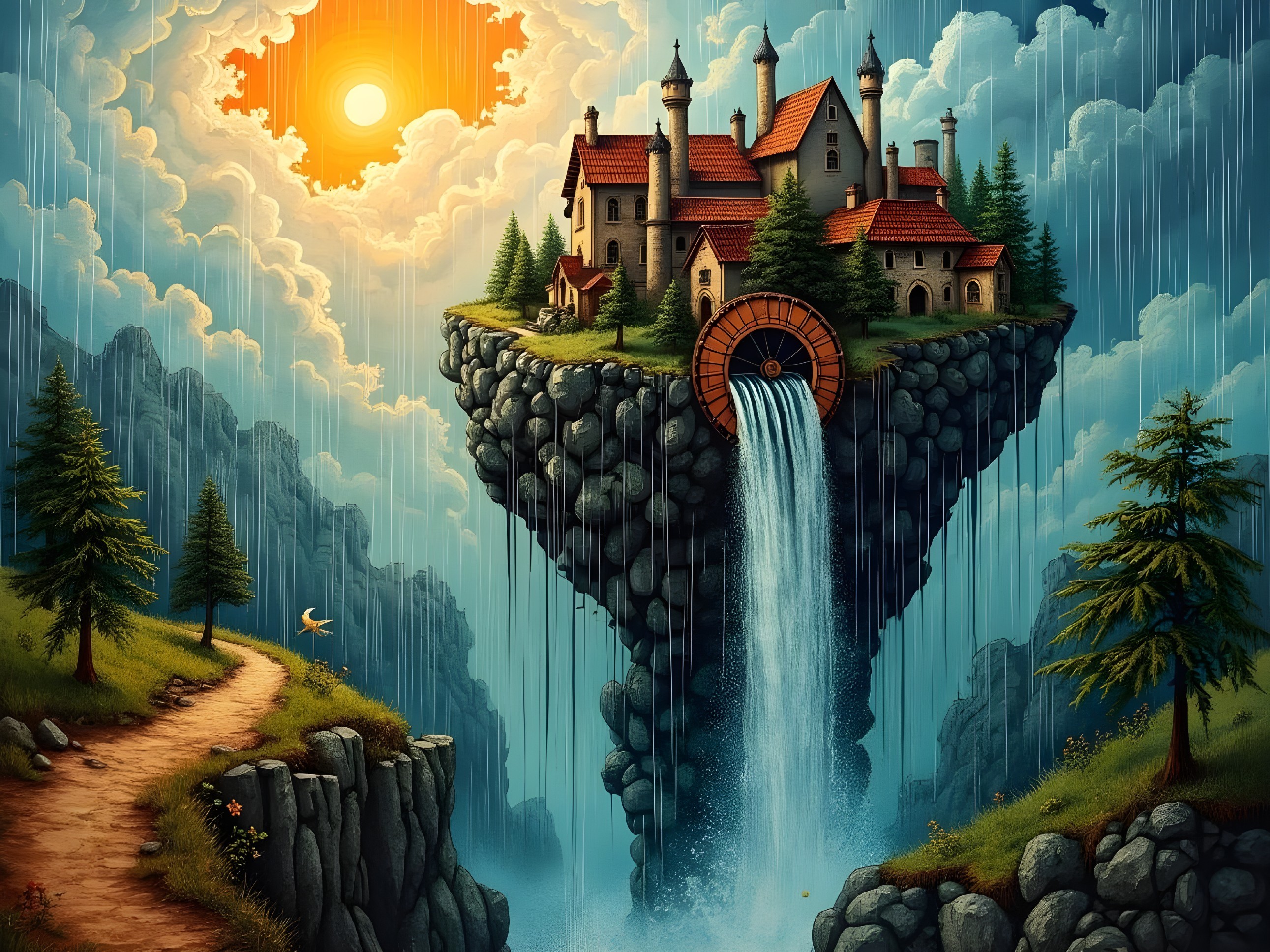 Floating Castle on Rocky Outcrop with Waterfall