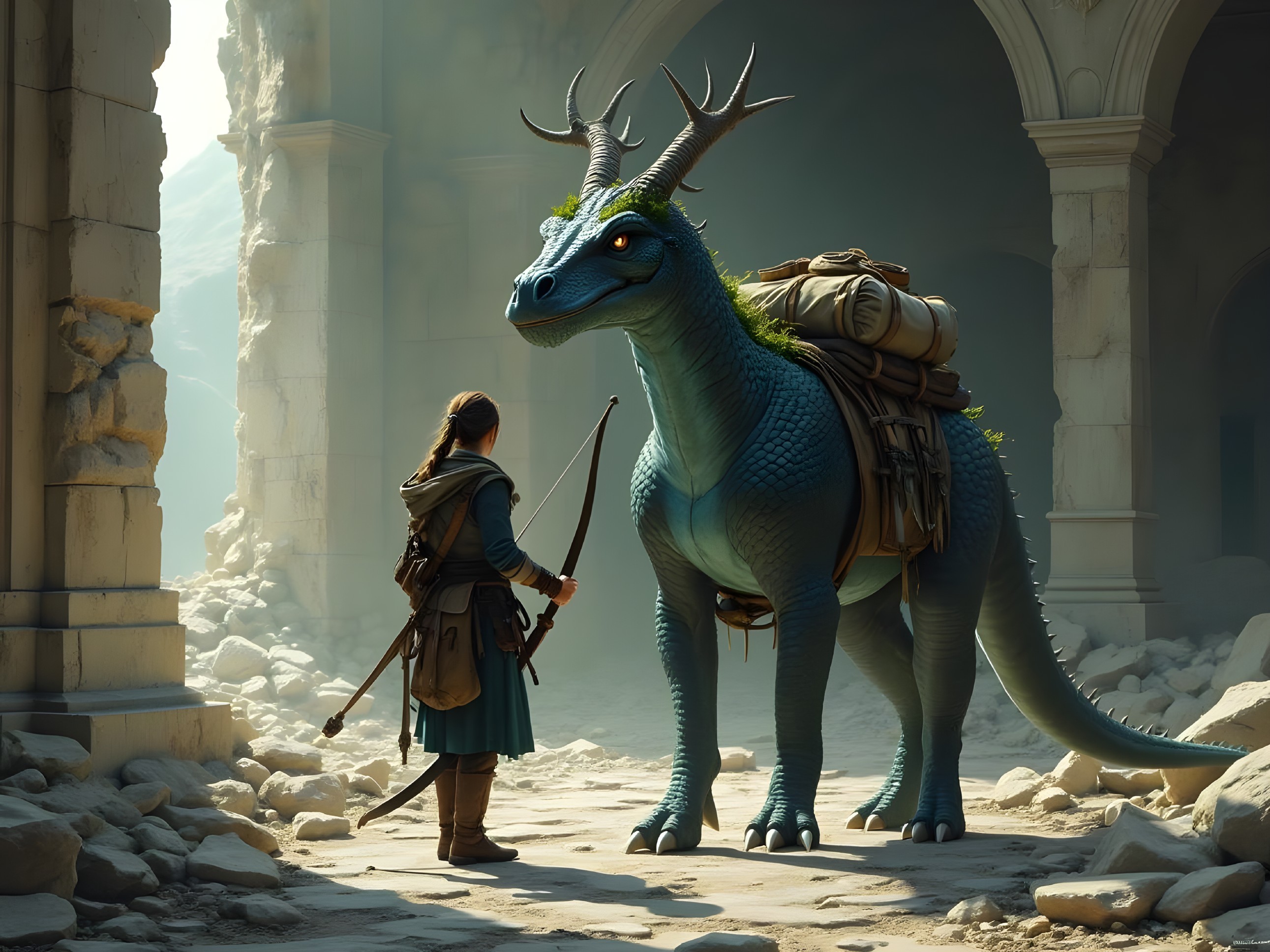 Adventurer Encounters Blue Dragon in Ancient Archway